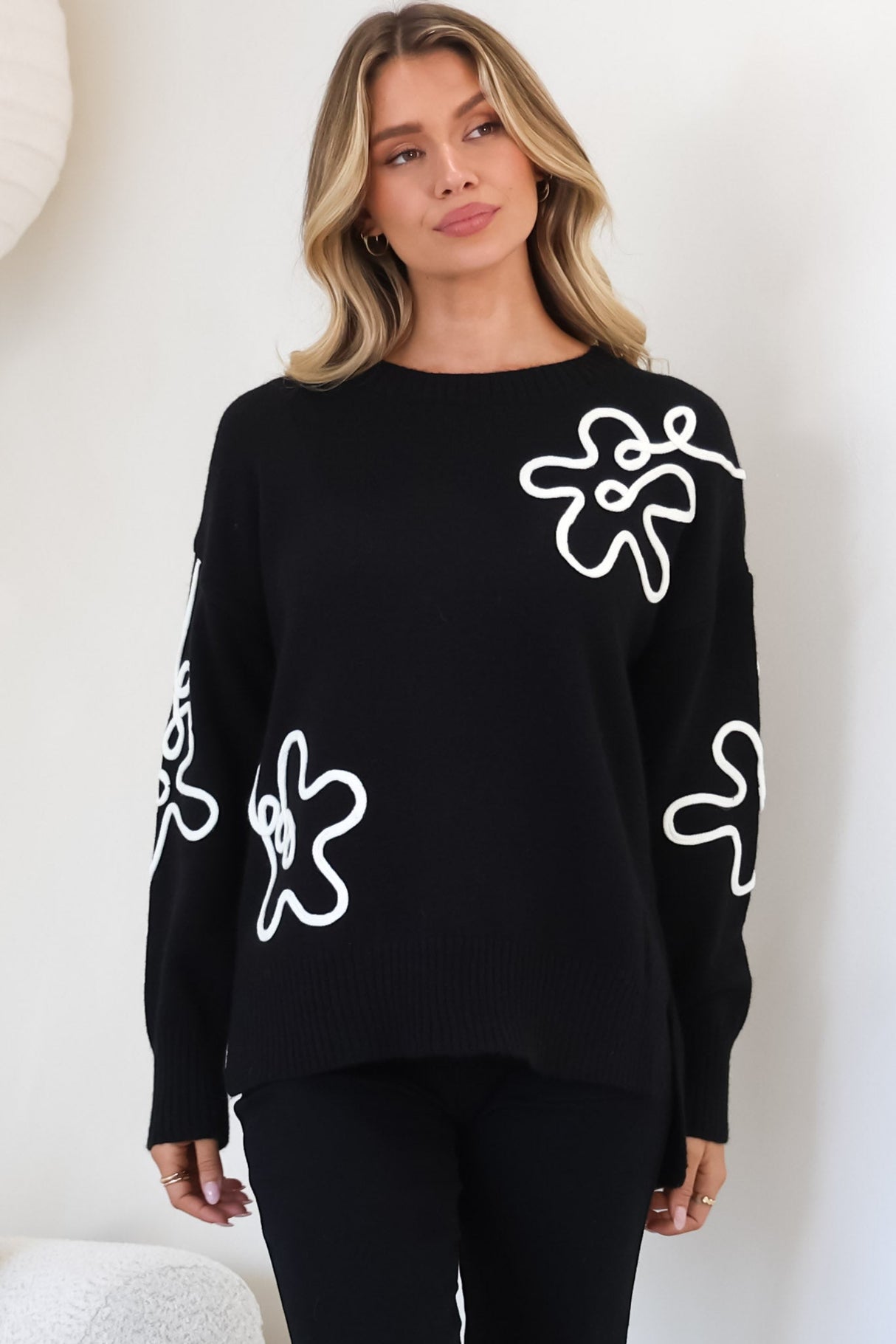 Edith Jumper - Crew Neck Abstract Floral Decal Jumper in Black
