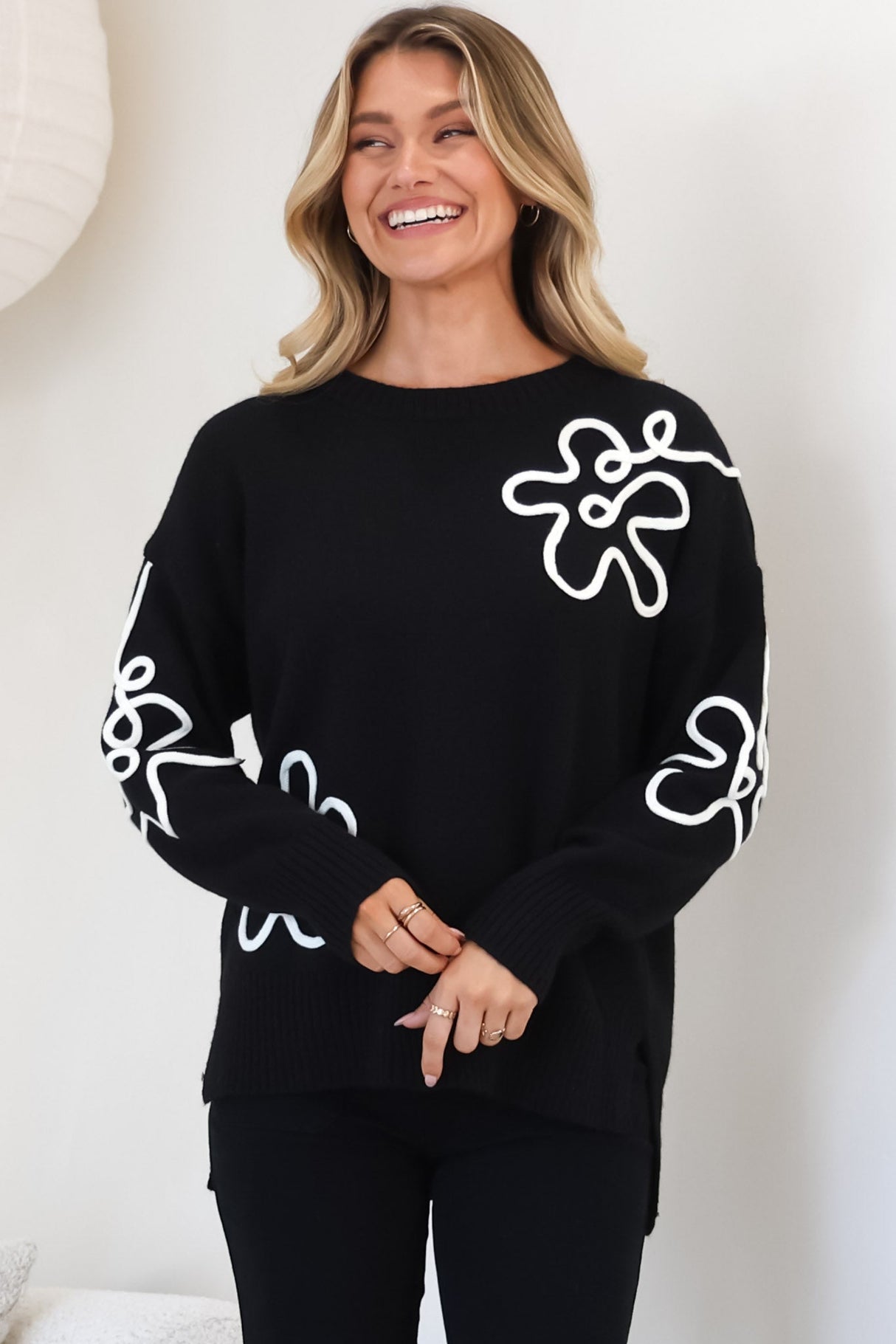 Edith Jumper - Crew Neck Abstract Floral Decal Jumper in Black