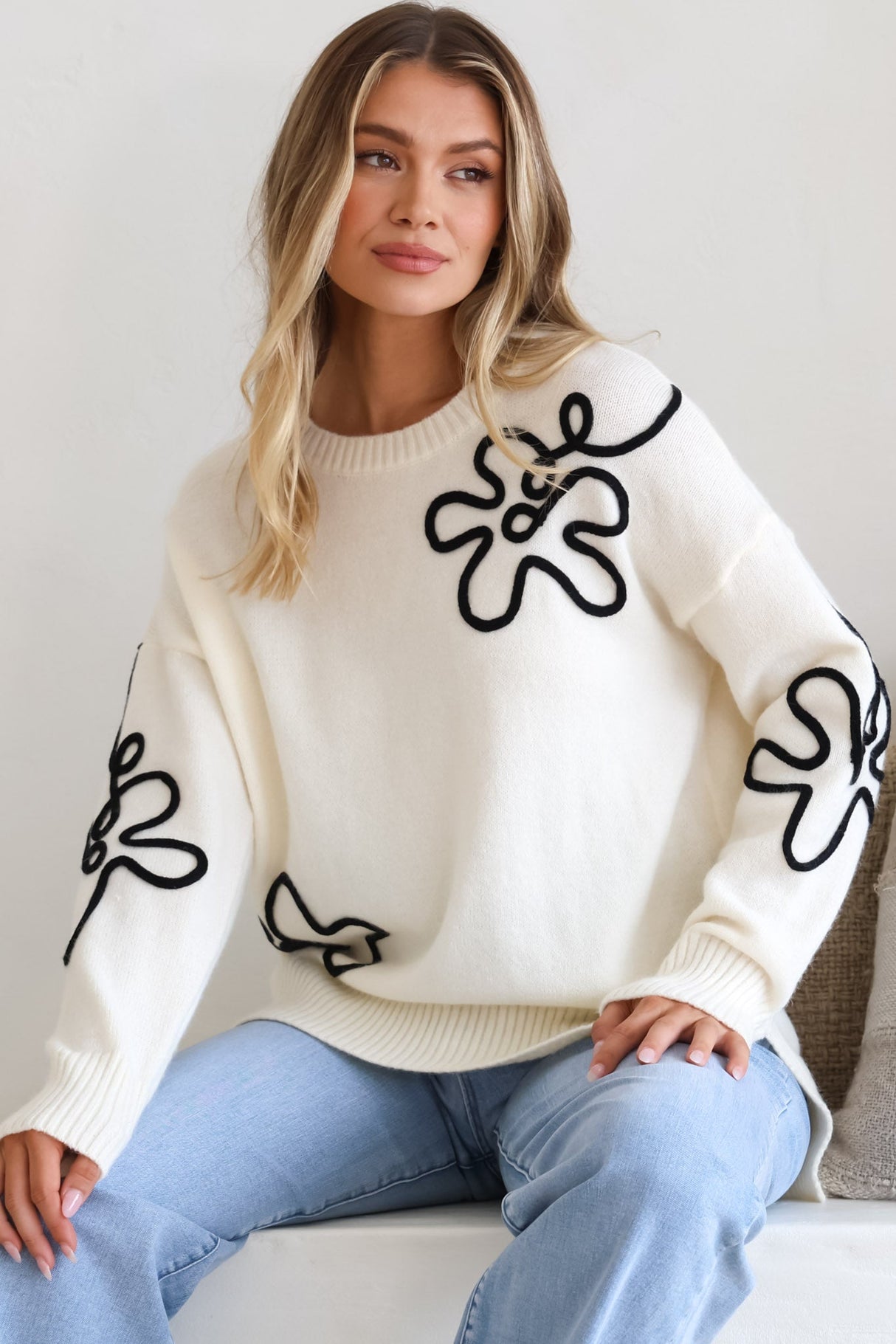 Edith Jumper - Crew Neck Abstract Floral Decal Jumper in Cream