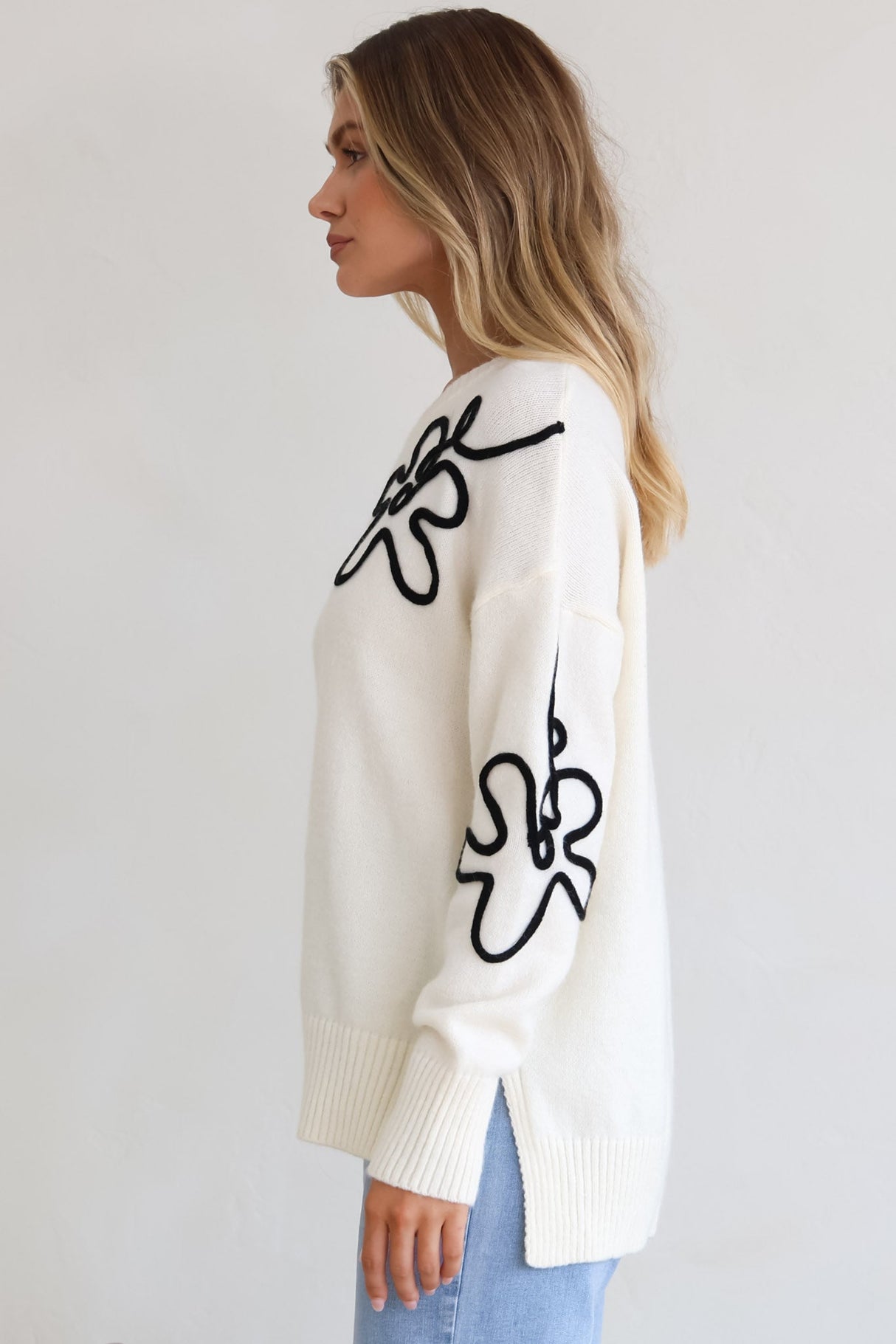Edith Jumper - Crew Neck Abstract Floral Decal Jumper in Cream