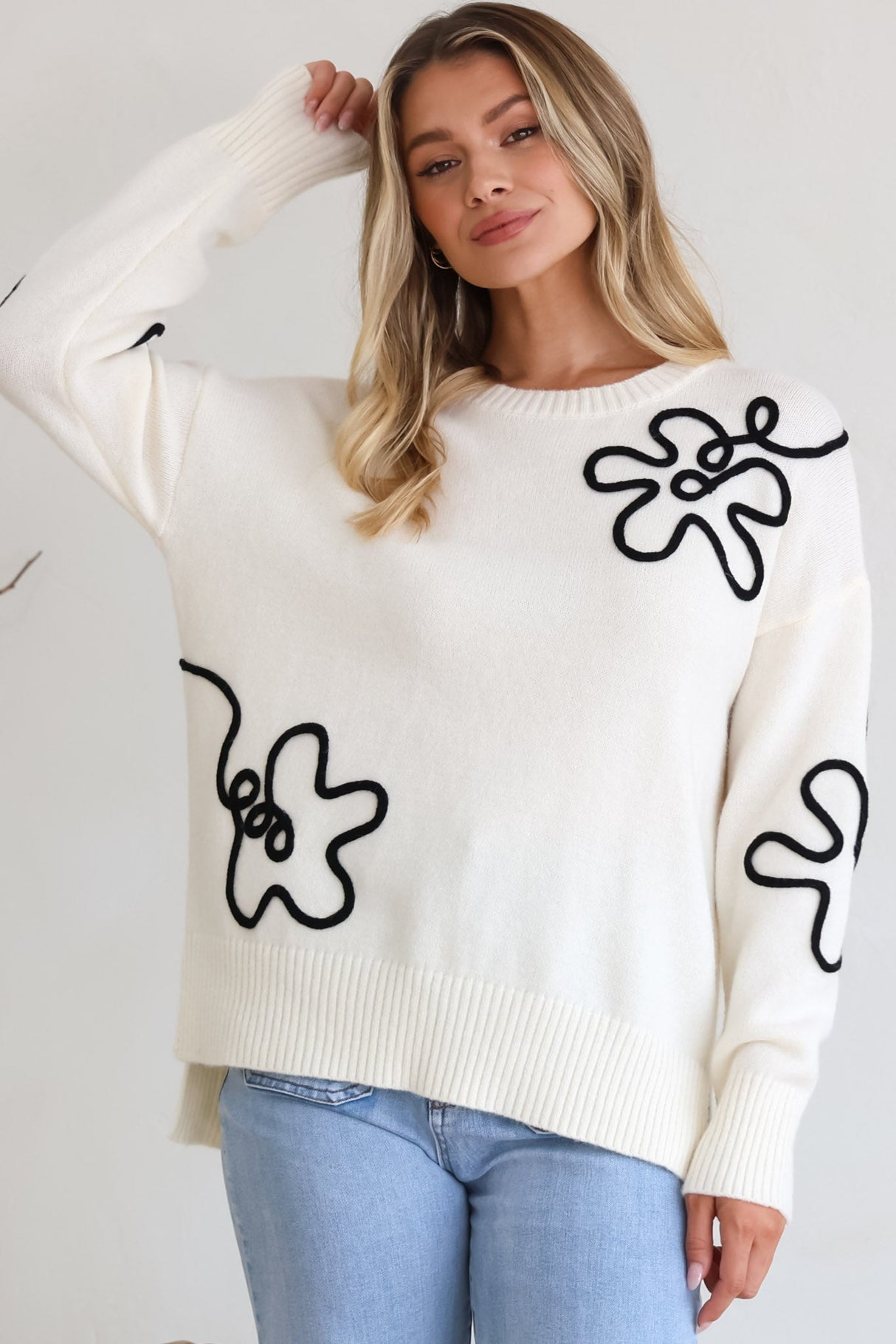 Edith Jumper - Crew Neck Abstract Floral Decal Jumper in Cream