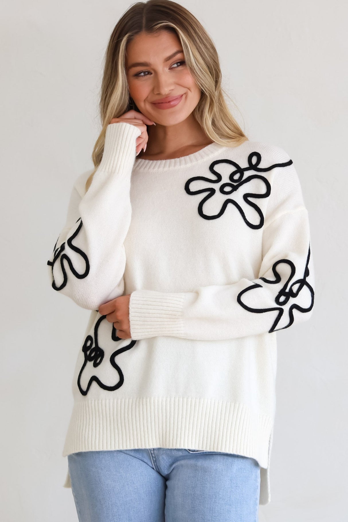 Edith Jumper - Crew Neck Abstract Floral Decal Jumper in Cream