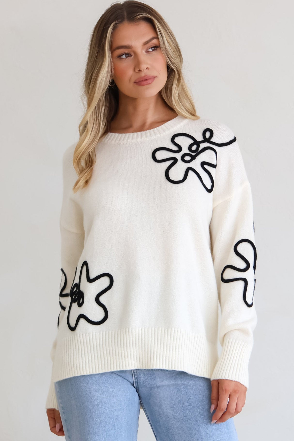 Edith Jumper - Crew Neck Abstract Floral Decal Jumper in Cream