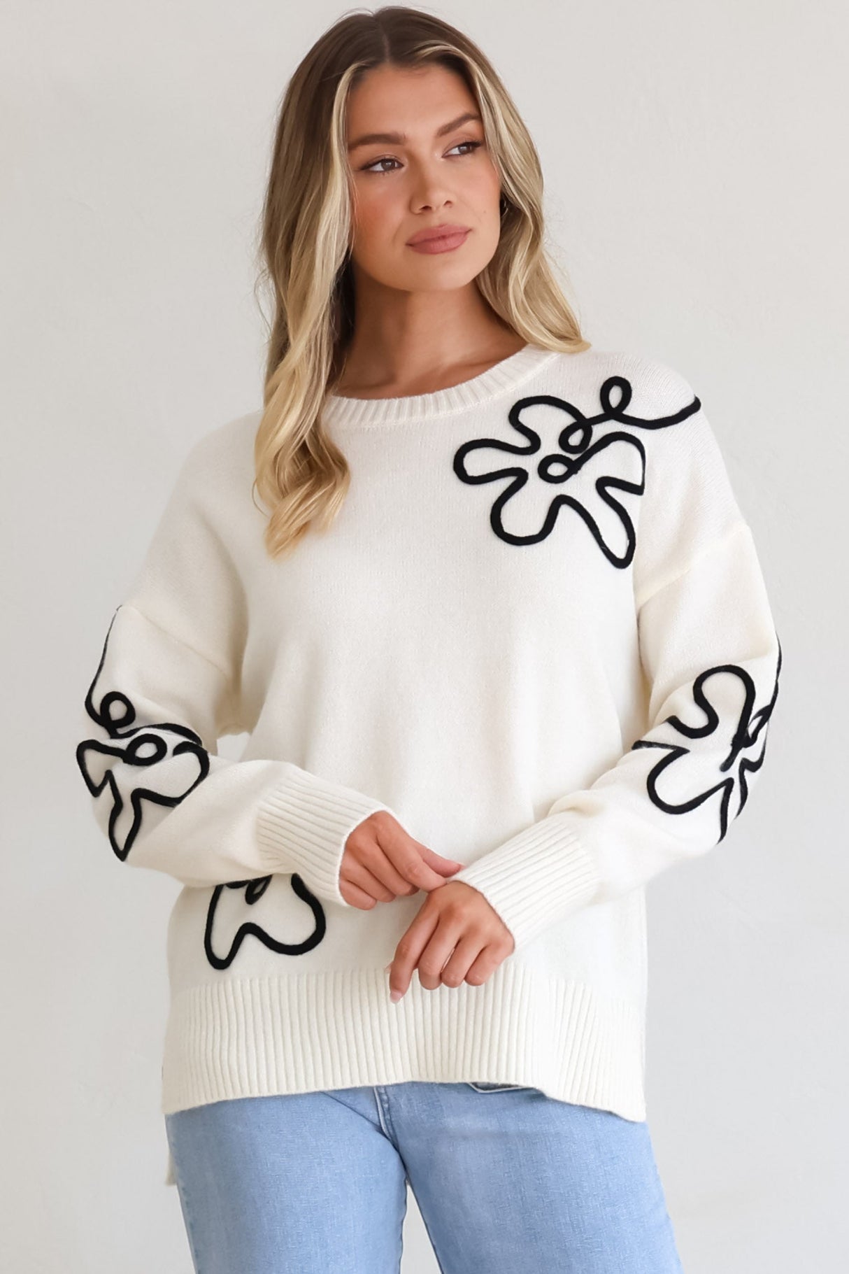 Edith Jumper - Crew Neck Abstract Floral Decal Jumper in Cream