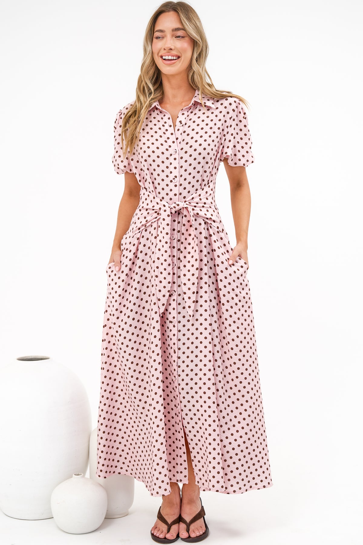 Eileen Midi Dress - Collared Shirt Dress with Multiway Waist Tie and Puff Sleeves in Renna Spot Pink