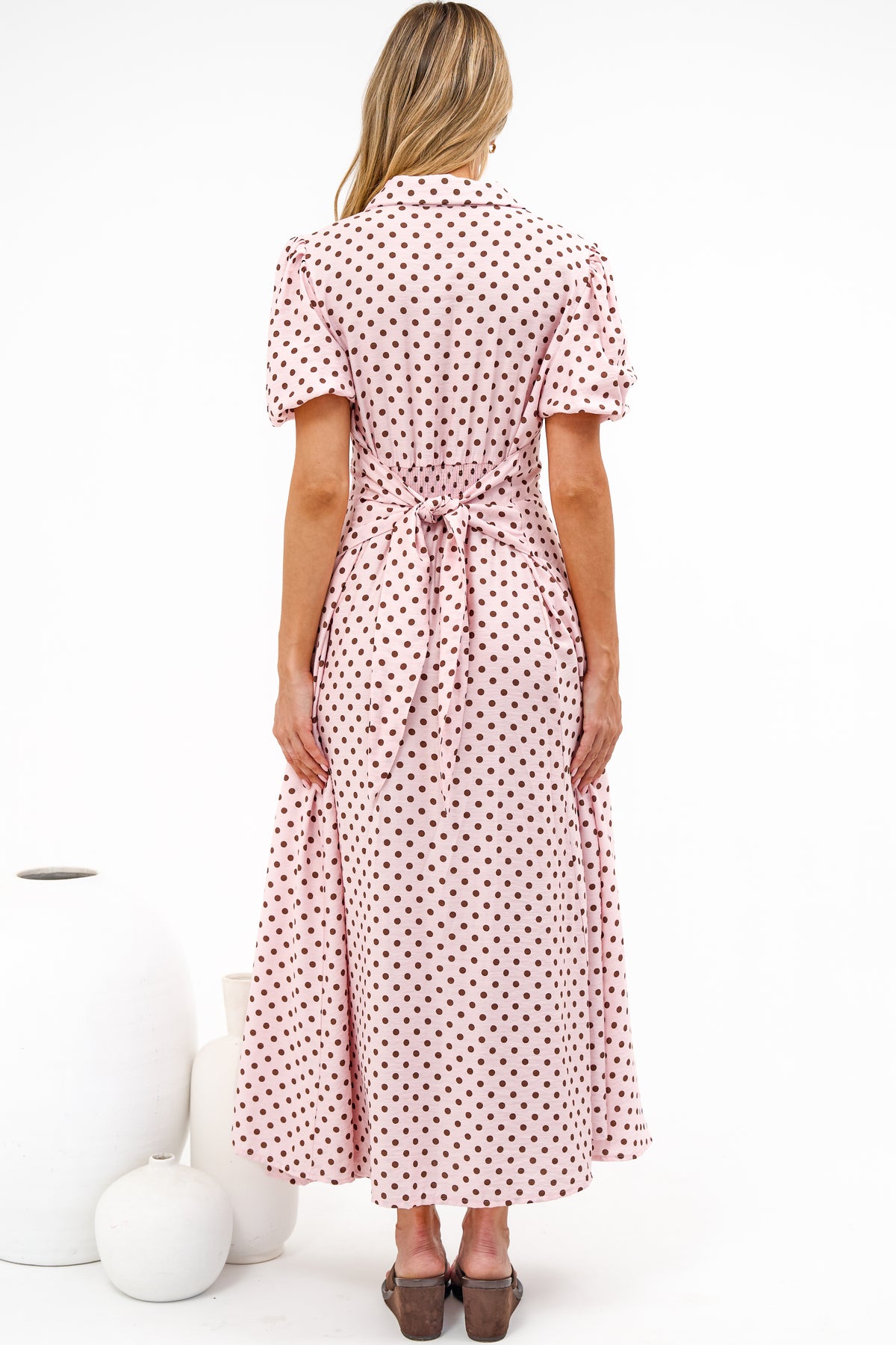 Eileen Midi Dress - Collared Shirt Dress with Multiway Waist Tie and Puff Sleeves in Renna Spot Pink