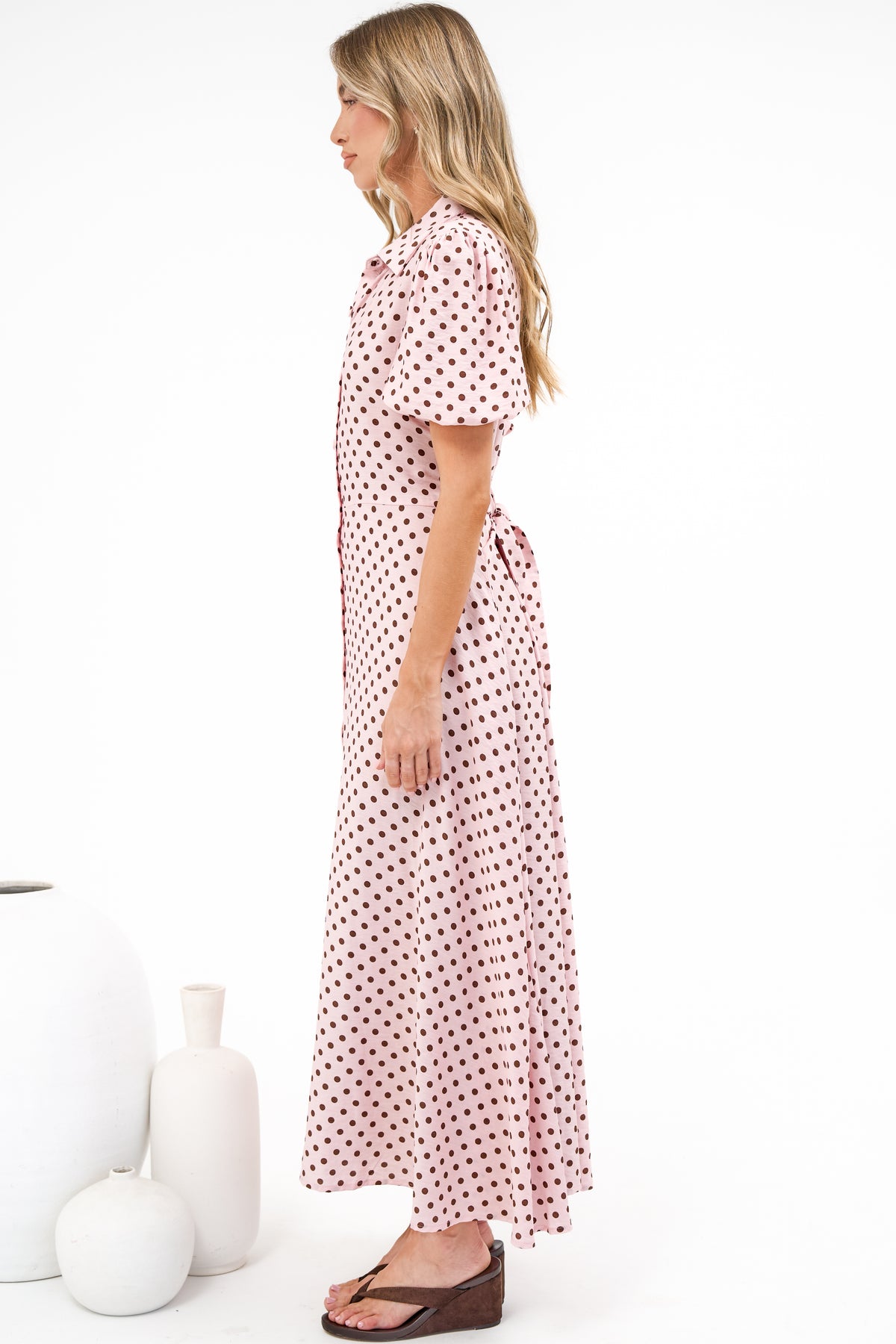 Eileen Midi Dress - Collared Shirt Dress with Multiway Waist Tie and Puff Sleeves in Renna Spot Pink