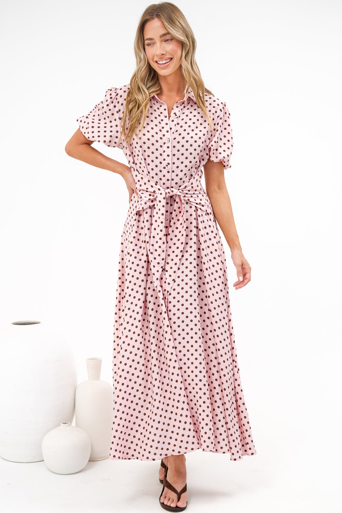 Eileen Midi Dress - Collared Shirt Dress with Multiway Waist Tie and Puff Sleeves in Renna Spot Pink