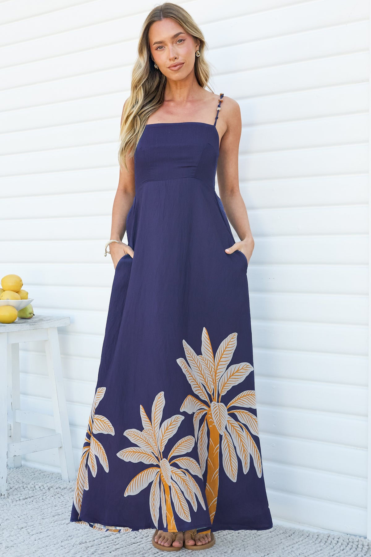 Eira Maxi Dress - Beaded-Strap Square Neck A Line Dress with Pockets in Raphael Print