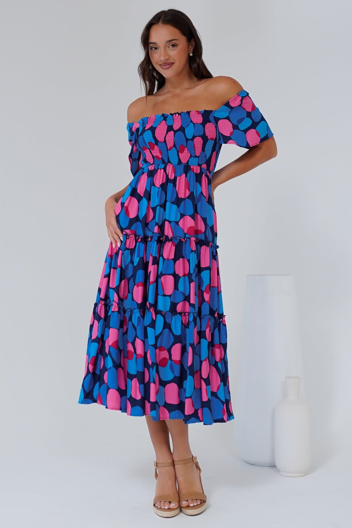 Elana Midi Dress - On or Off Shoulder Tiered Dress with Short Sleeves in Tilda Print