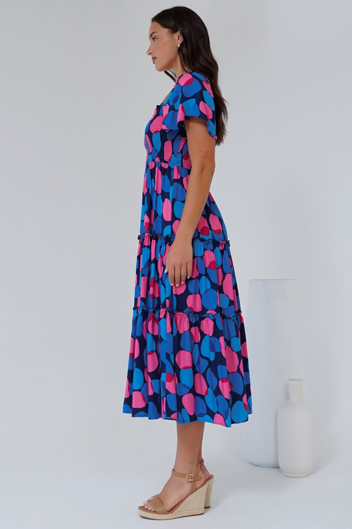 Elana Midi Dress - On or Off Shoulder Tiered Dress with Short Sleeves in Tilda Print