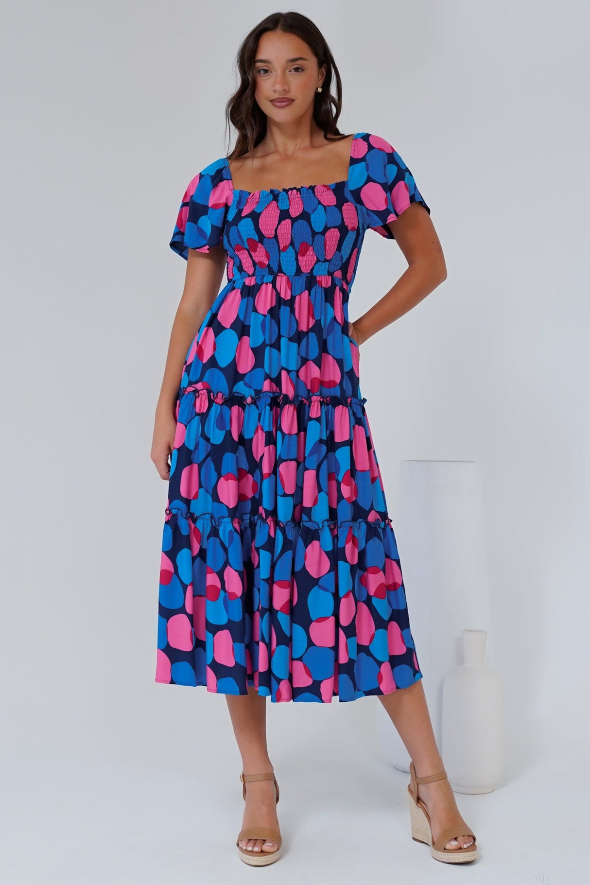 Elana Midi Dress - On or Off Shoulder Tiered Dress with Short Sleeves in Tilda Print