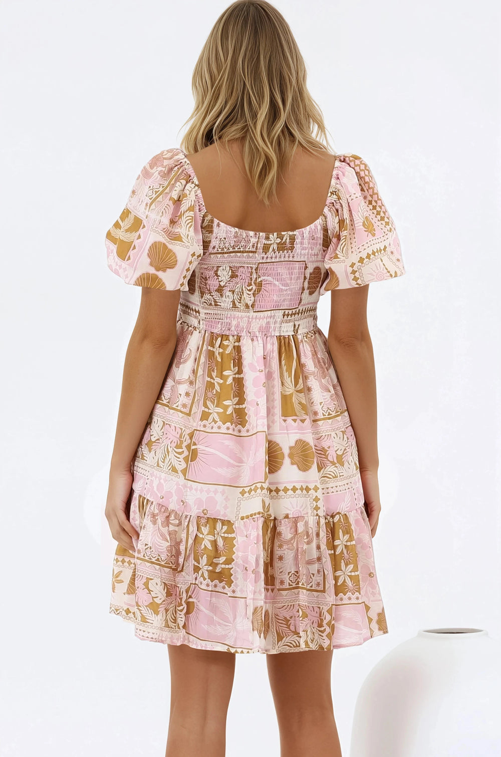 Elea Mini Dress - Multiway Neckline A-Line Dress with Balloon Sleeves in Cersi Print