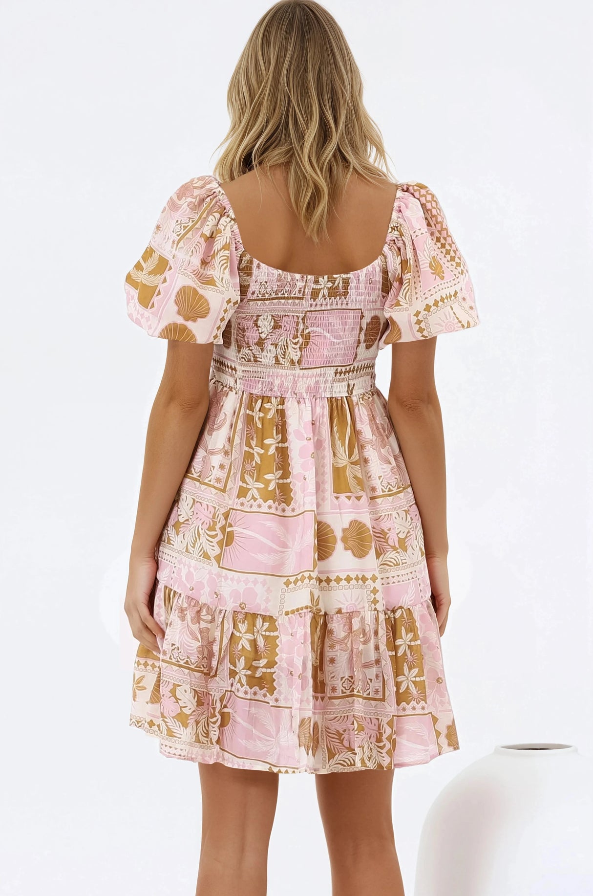 Elea Mini Dress - Multiway Neckline A-Line Dress with Balloon Sleeves in Cersi Print