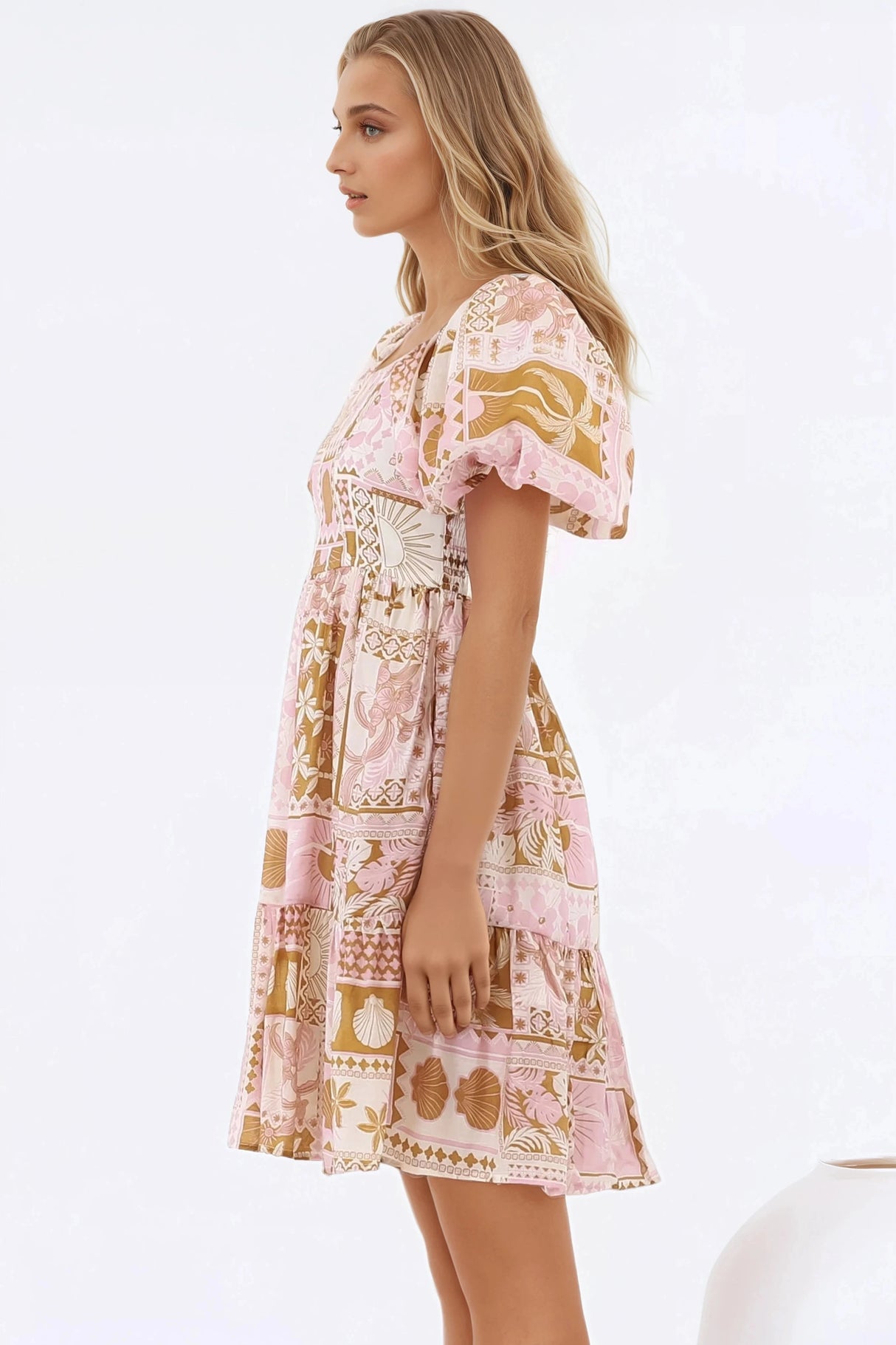 Elea Mini Dress - Multiway Neckline A-Line Dress with Balloon Sleeves in Cersi Print