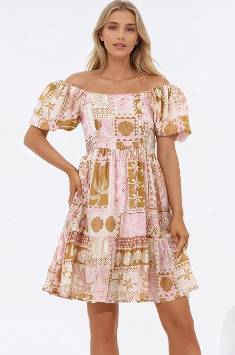 Elea Mini Dress - Multiway Neckline A-Line Dress with Balloon Sleeves in Cersi Print