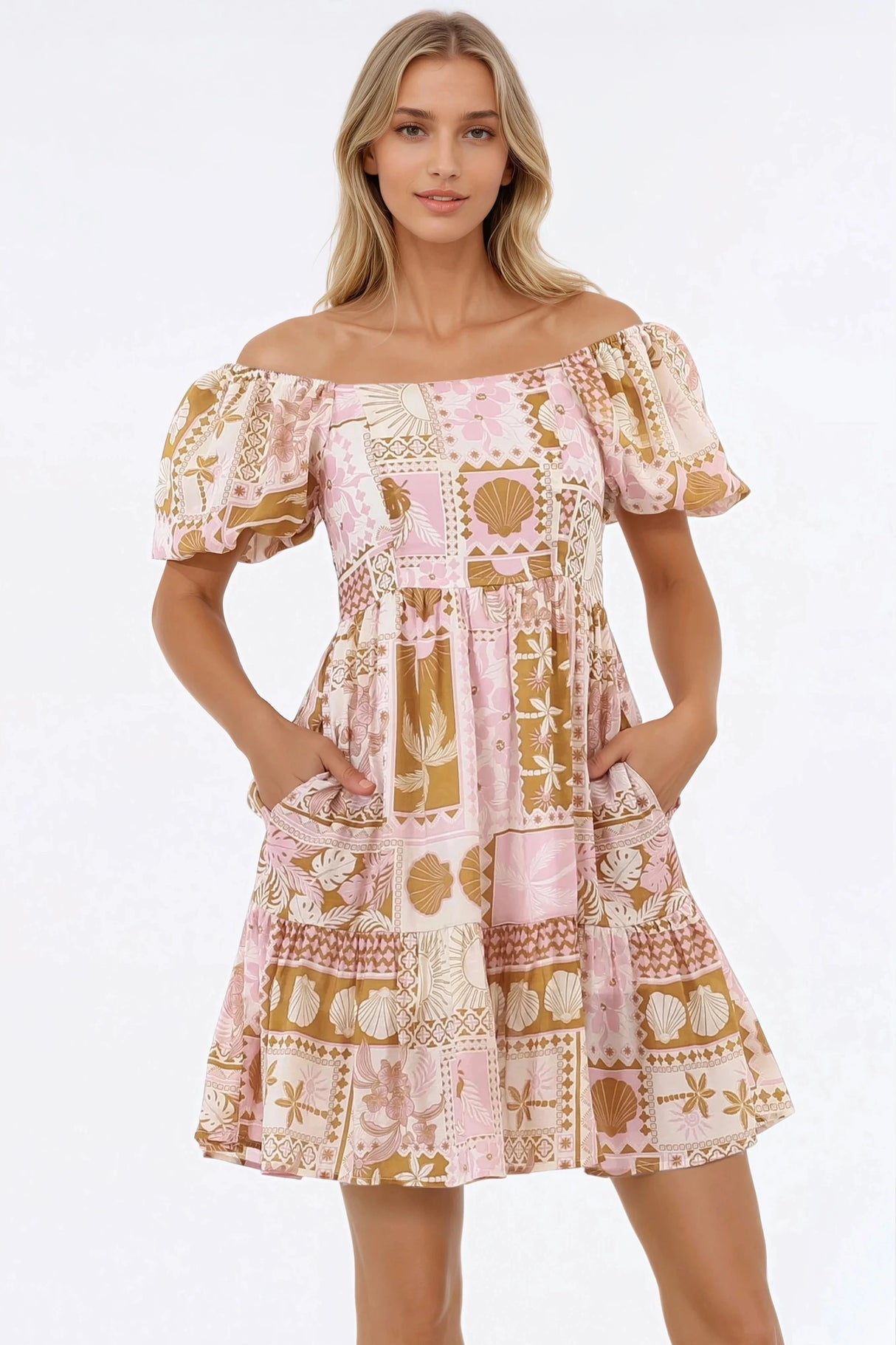 Elea Mini Dress - Multiway Neckline A-Line Dress with Balloon Sleeves in Cersi Print