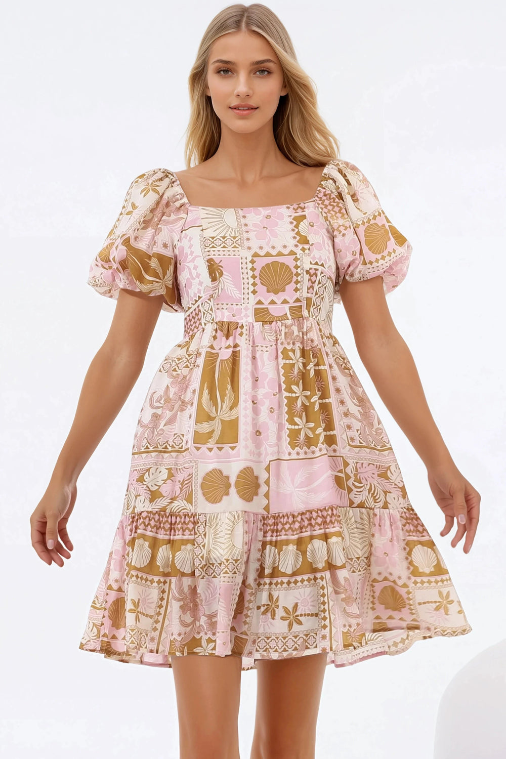 Elea Mini Dress - Multiway Neckline A-Line Dress with Balloon Sleeves in Cersi Print