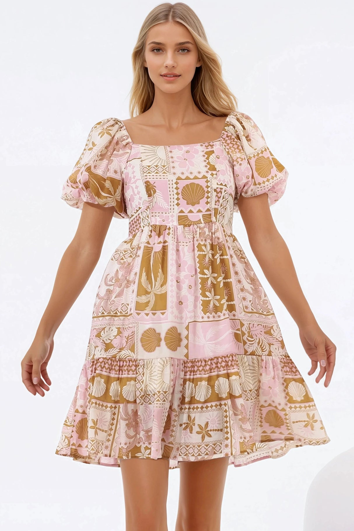 Elea Mini Dress - Multiway Neckline A-Line Dress with Balloon Sleeves in Cersi Print