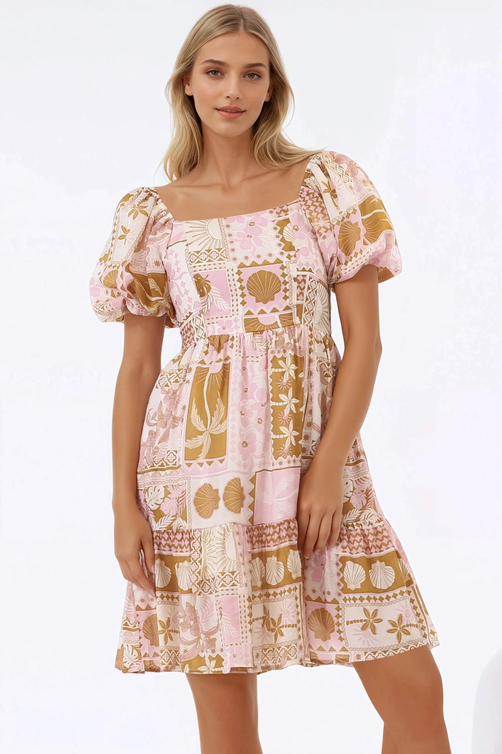 Elea Mini Dress - Multiway Neckline A-Line Dress with Balloon Sleeves in Cersi Print