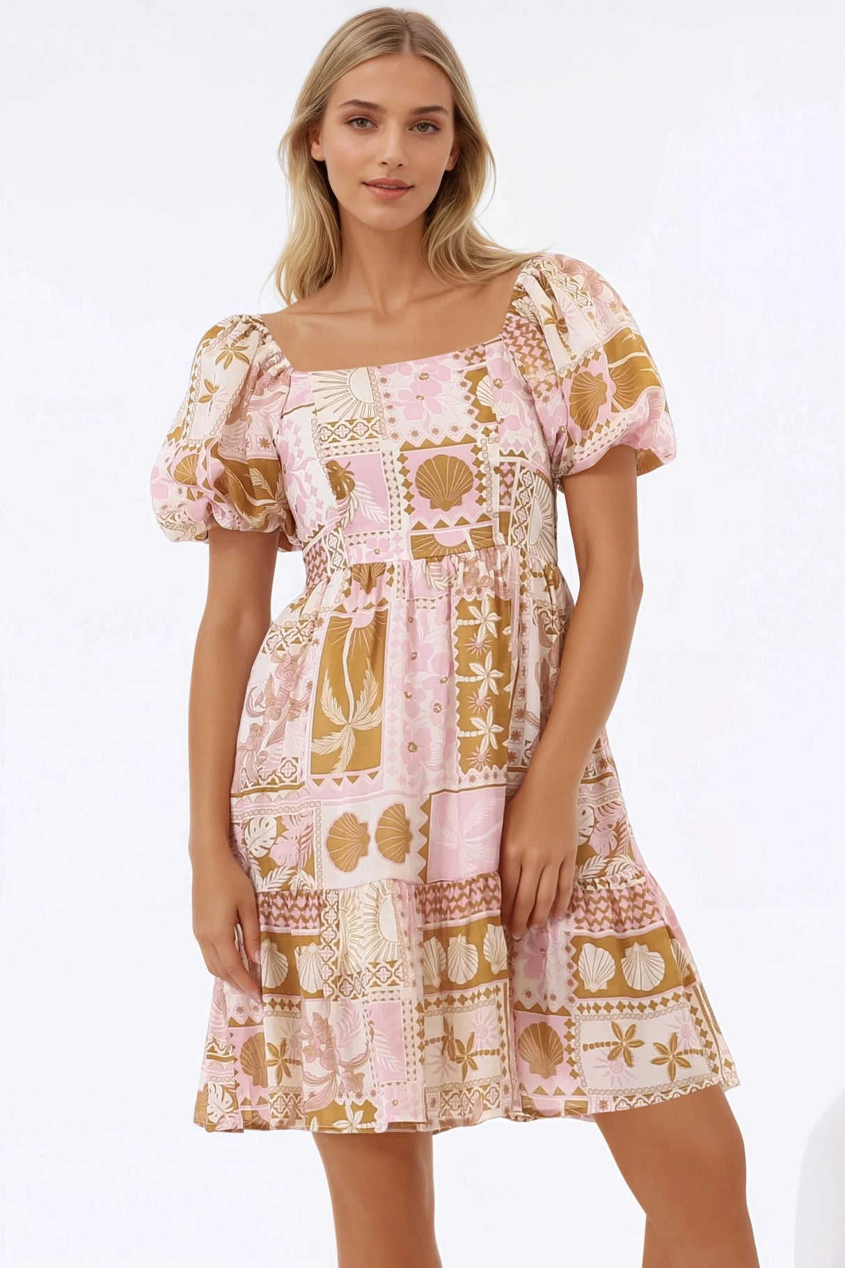Elea Mini Dress - Multiway Neckline A-Line Dress with Balloon Sleeves in Cersi Print