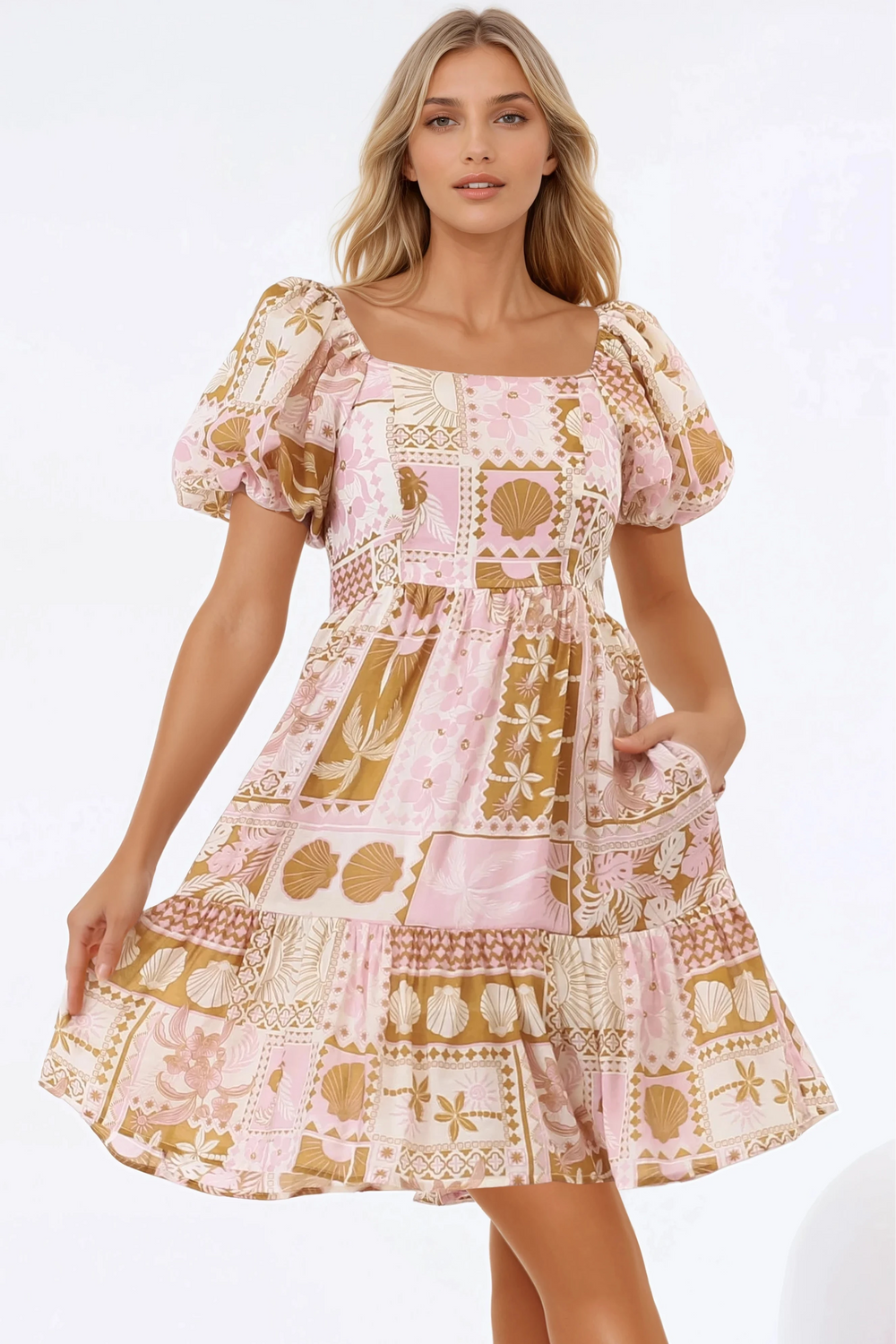 Elea Mini Dress - Multiway Neckline A-Line Dress with Balloon Sleeves in Cersi Print
