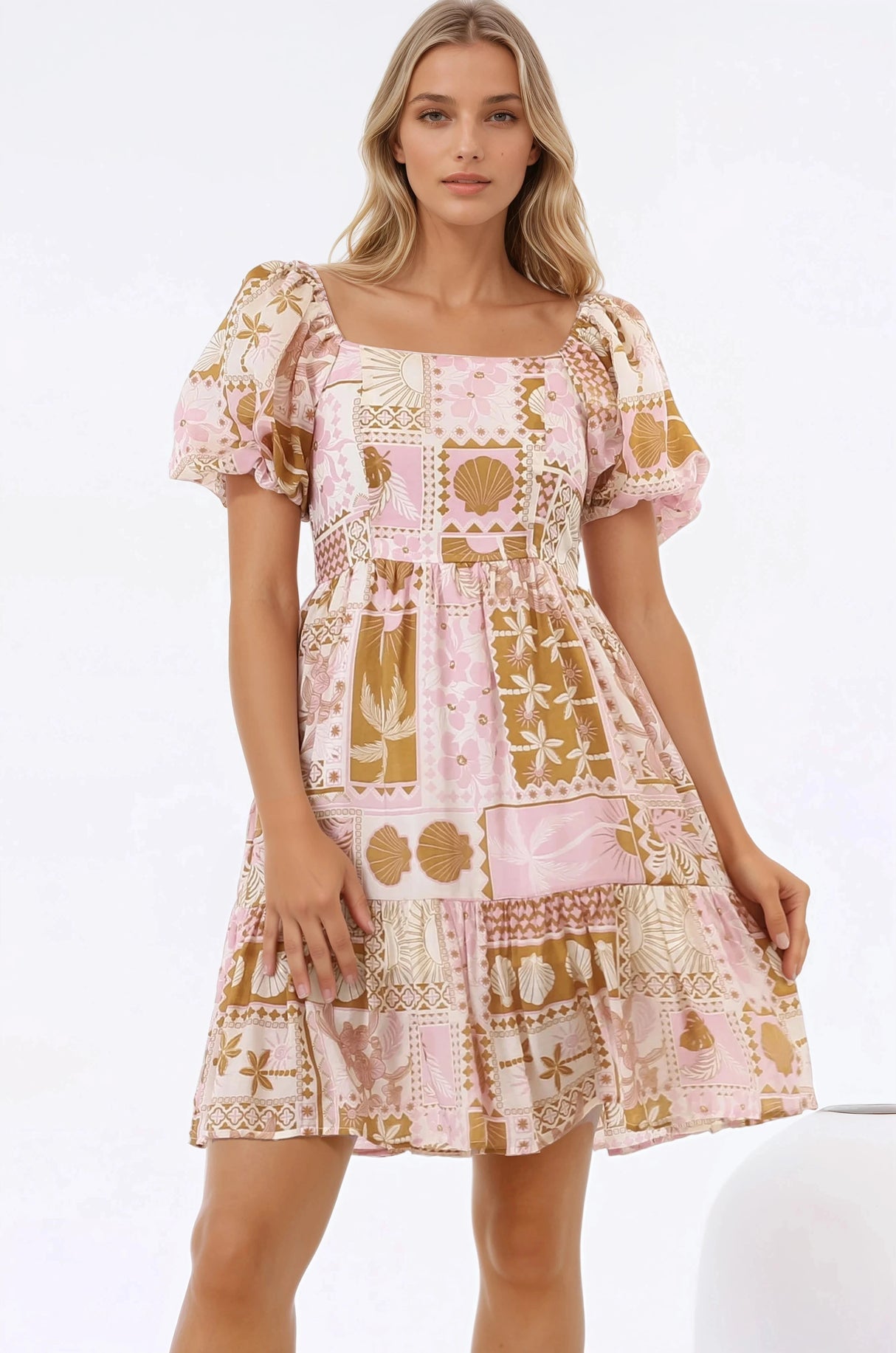 Elea Mini Dress - Multiway Neckline A-Line Dress with Balloon Sleeves in Cersi Print
