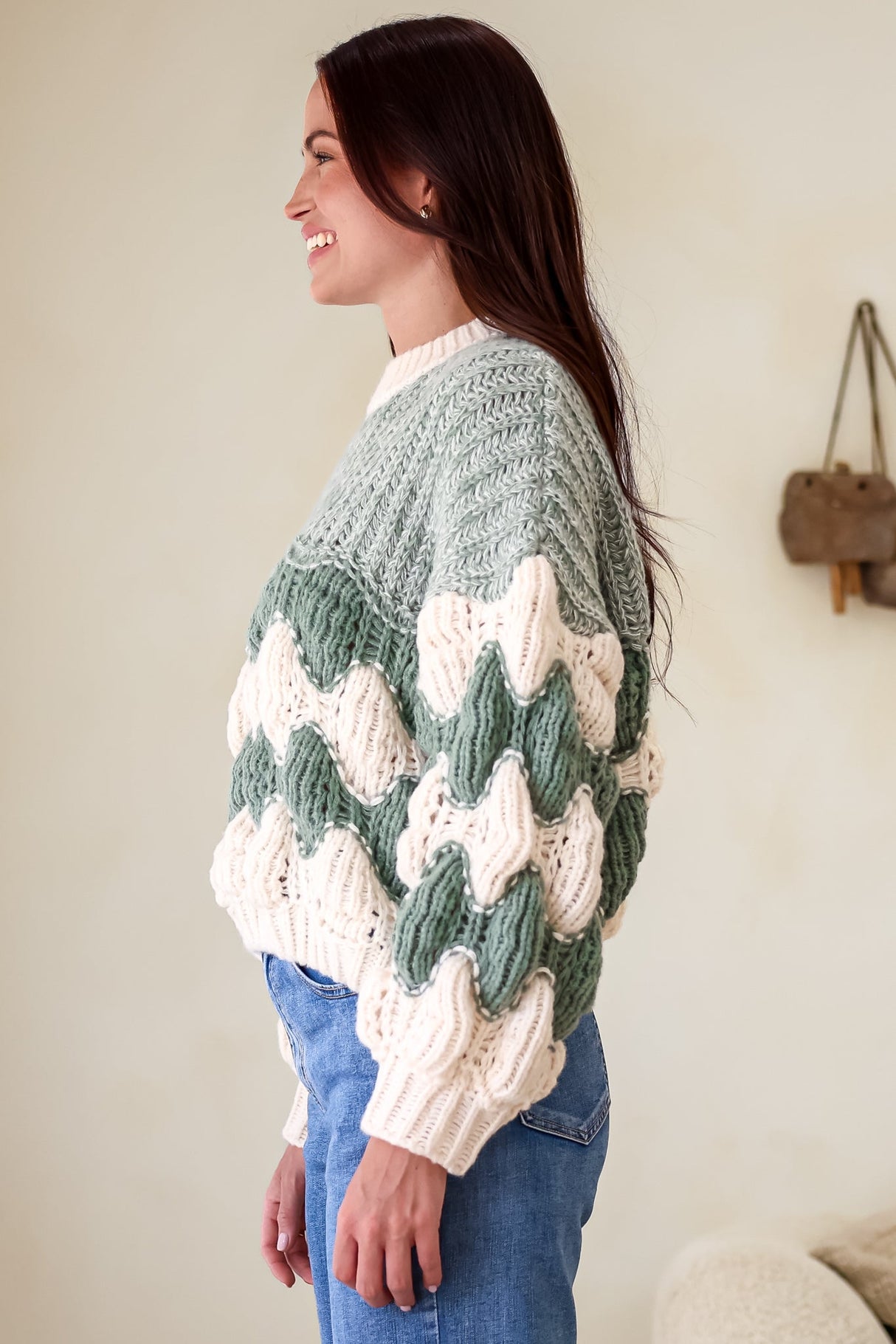 Eleanora Jumper - Crew Neck Bubble Sleeve Stripe Knit Jumper in Green