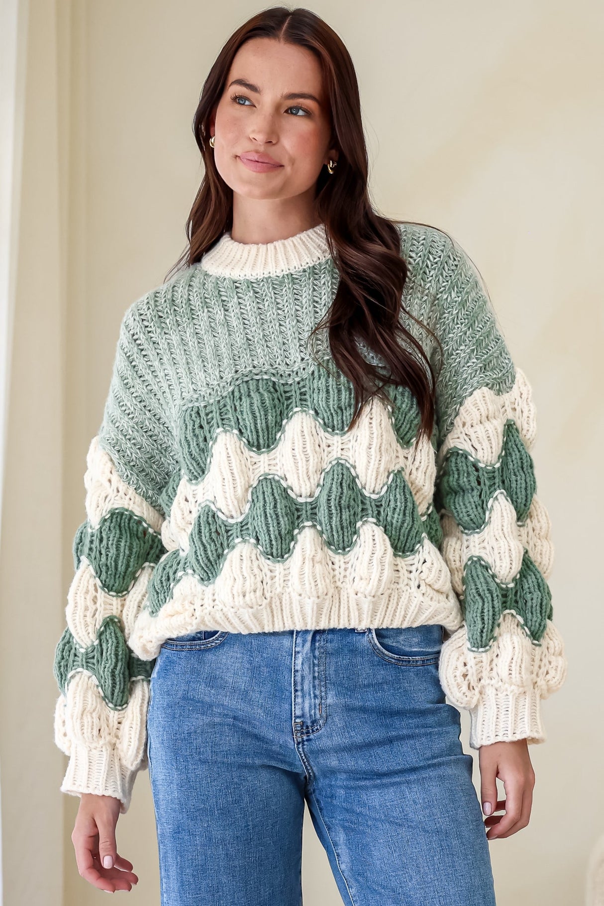 Eleanora Jumper - Crew Neck Bubble Sleeve Stripe Knit Jumper in Green