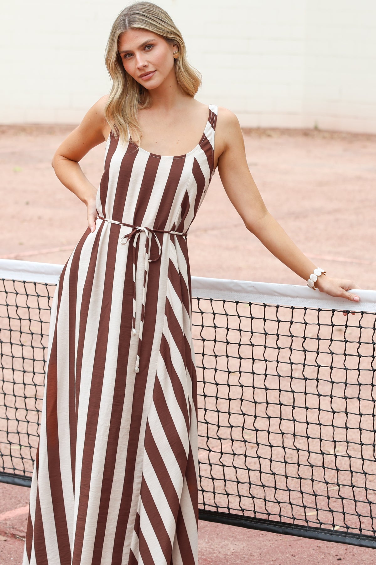 Elianna Maxi Dress - Scoop Neck A Line Dress with Waist Tie in Raiden Stripe