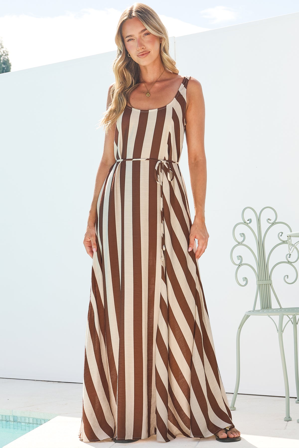 Elianna Maxi Dress - Scoop Neck A Line Dress with Waist Tie in Raiden Stripe