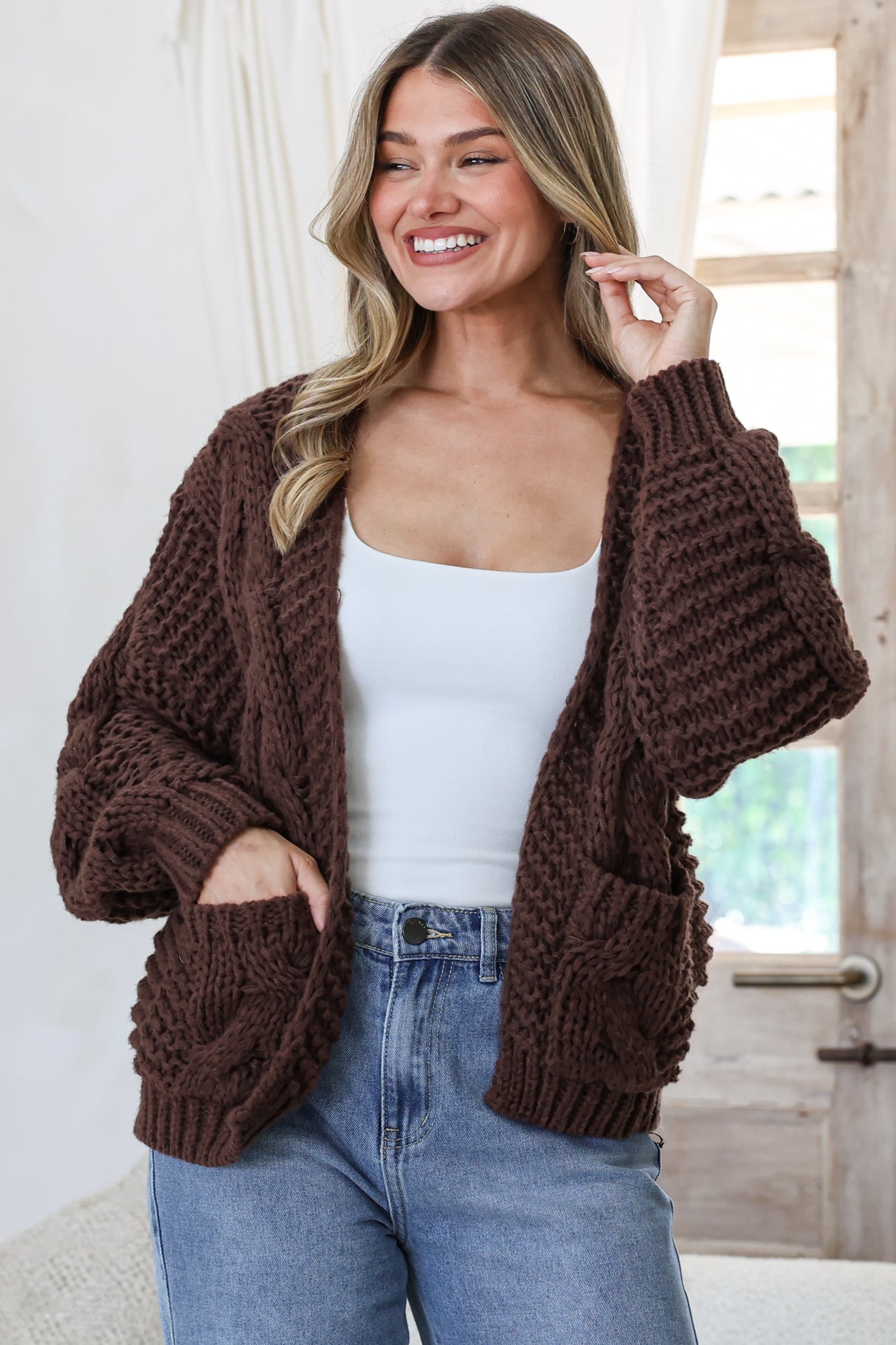 Elias Cardigan - Open Front Thick Cable Knit with Pockets in Coffee