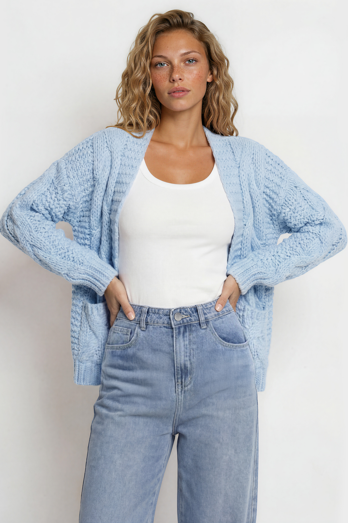Model wearing Elias Cardigan in Blue from Salty Crush