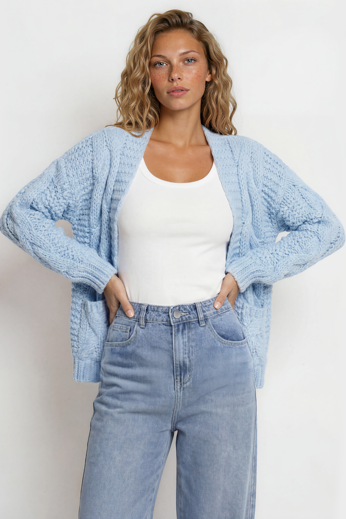 Model wearing Elias Cardigan in Blue from Salty Crush