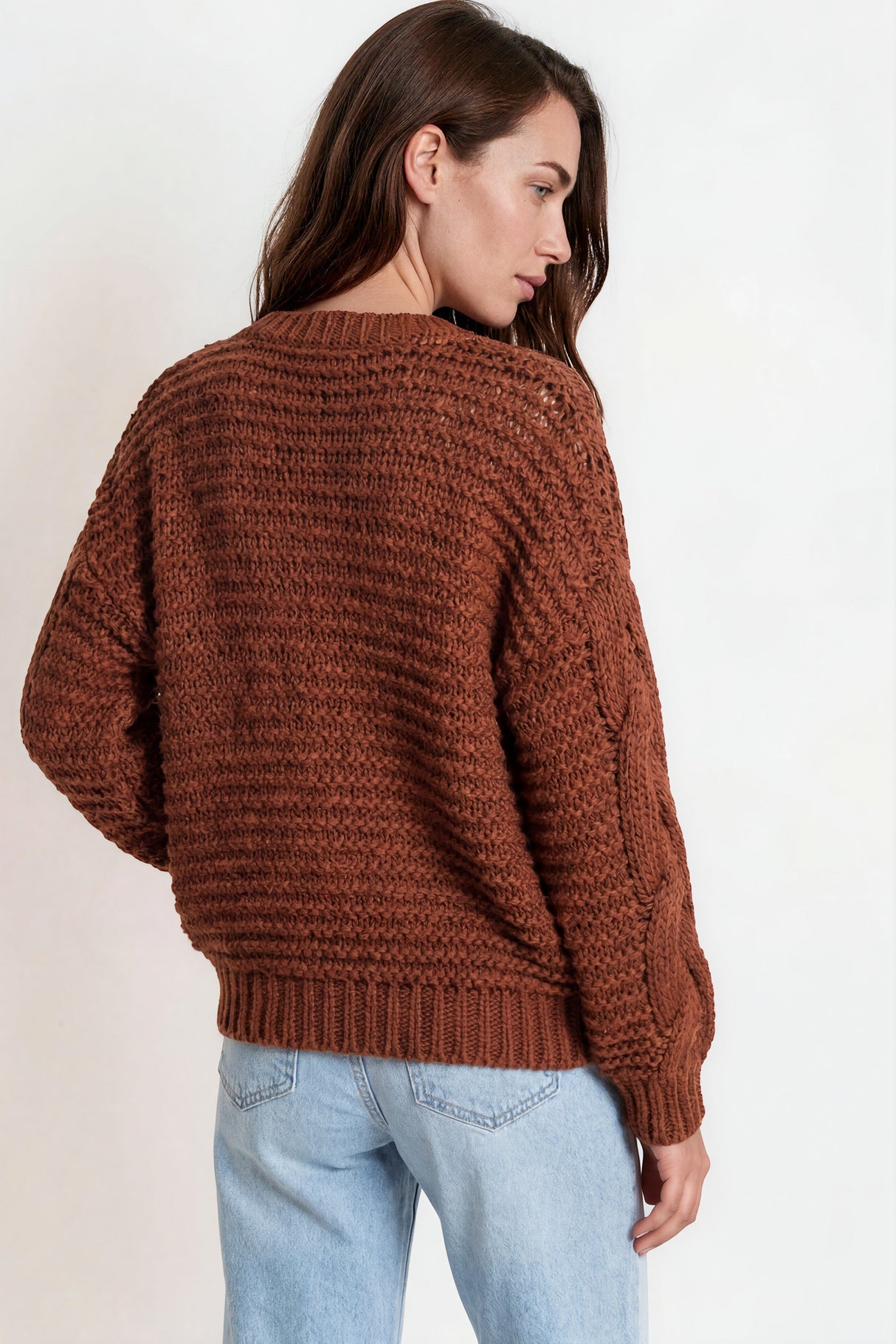 Model wearing Elias Cardigan in Brown from Salty Crush