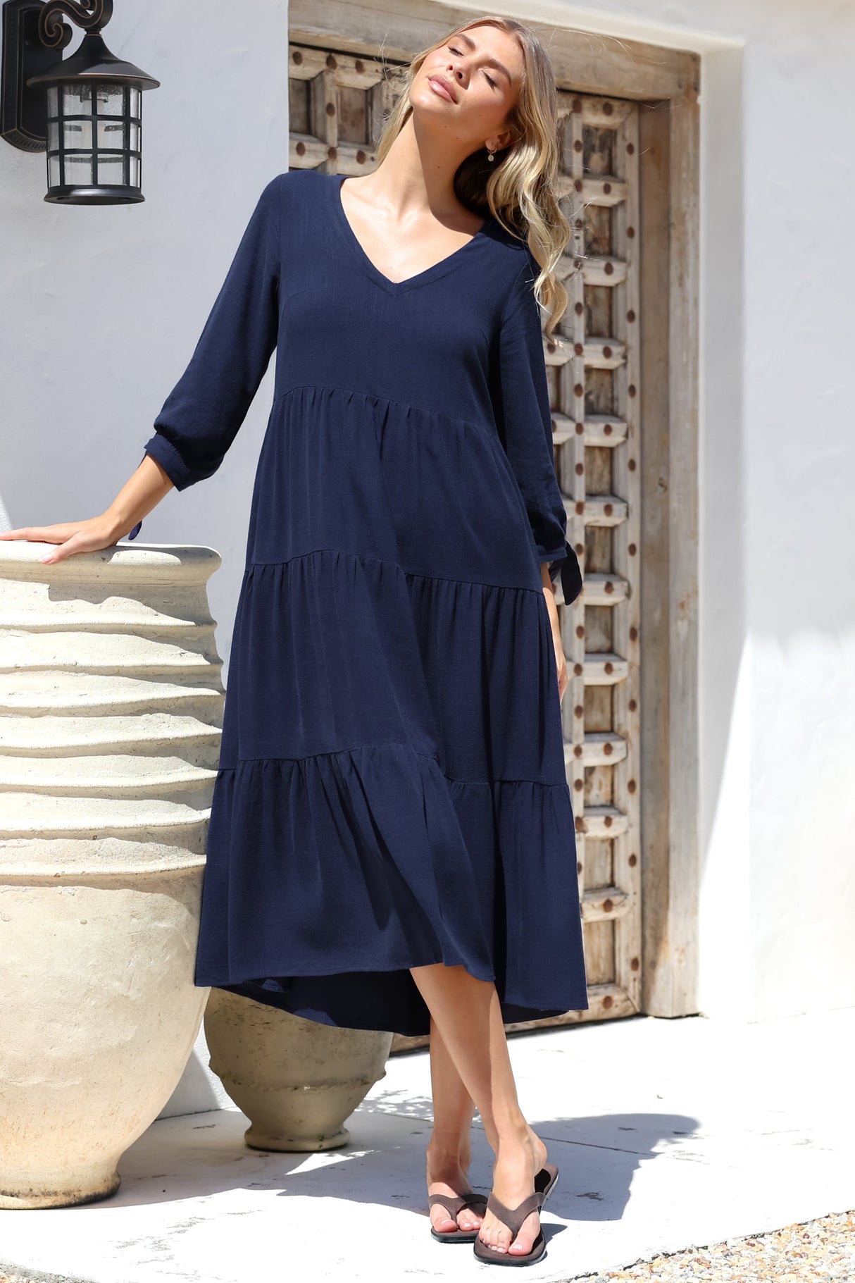 Elisabette Midi Dress - V-Neck Tiered Linen Dress with 3/4 Tie Cuff Sleeves in Navy