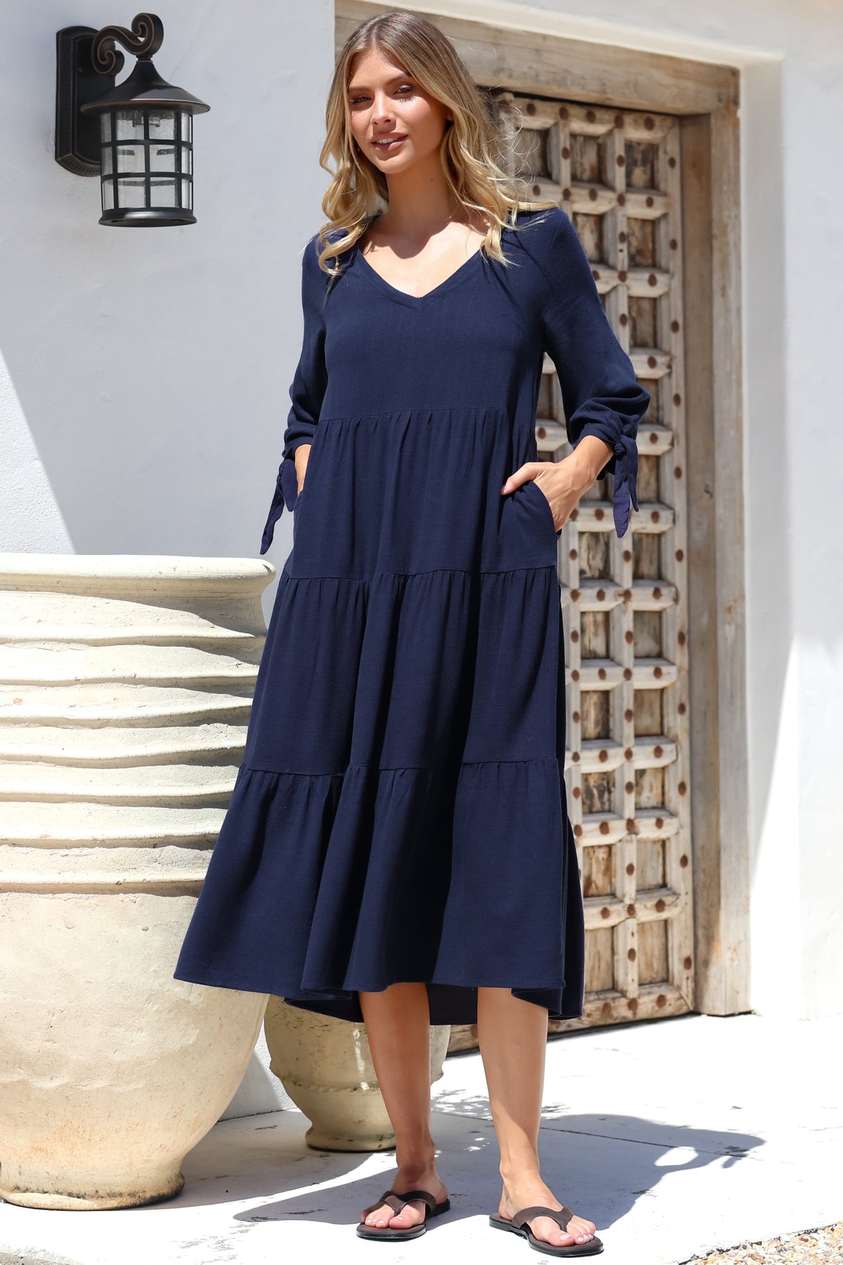 Elisabette Midi Dress - V-Neck Tiered Linen Dress with 3/4 Tie Cuff Sleeves in Navy