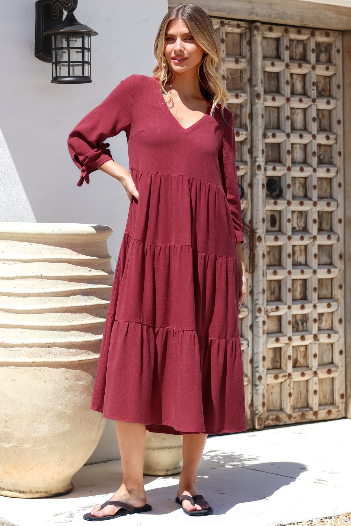 Elisabette Midi Dress - V-Neck Tiered Linen Dress with 3/4 Tie Cuff Sleeves in Rust