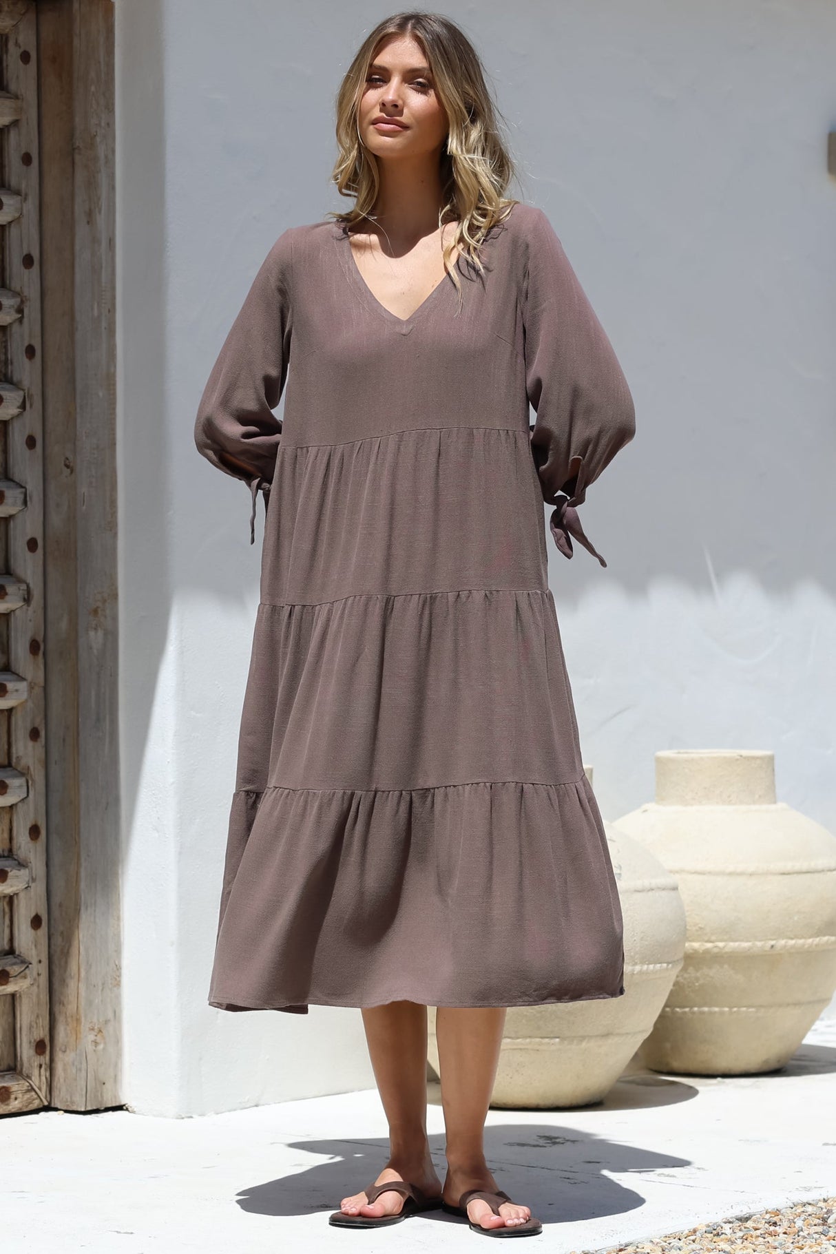 Elisabette Midi Dress - V-Neck Tiered Linen Dress with 3/4 Tie Cuff Sleeves in Chocolate