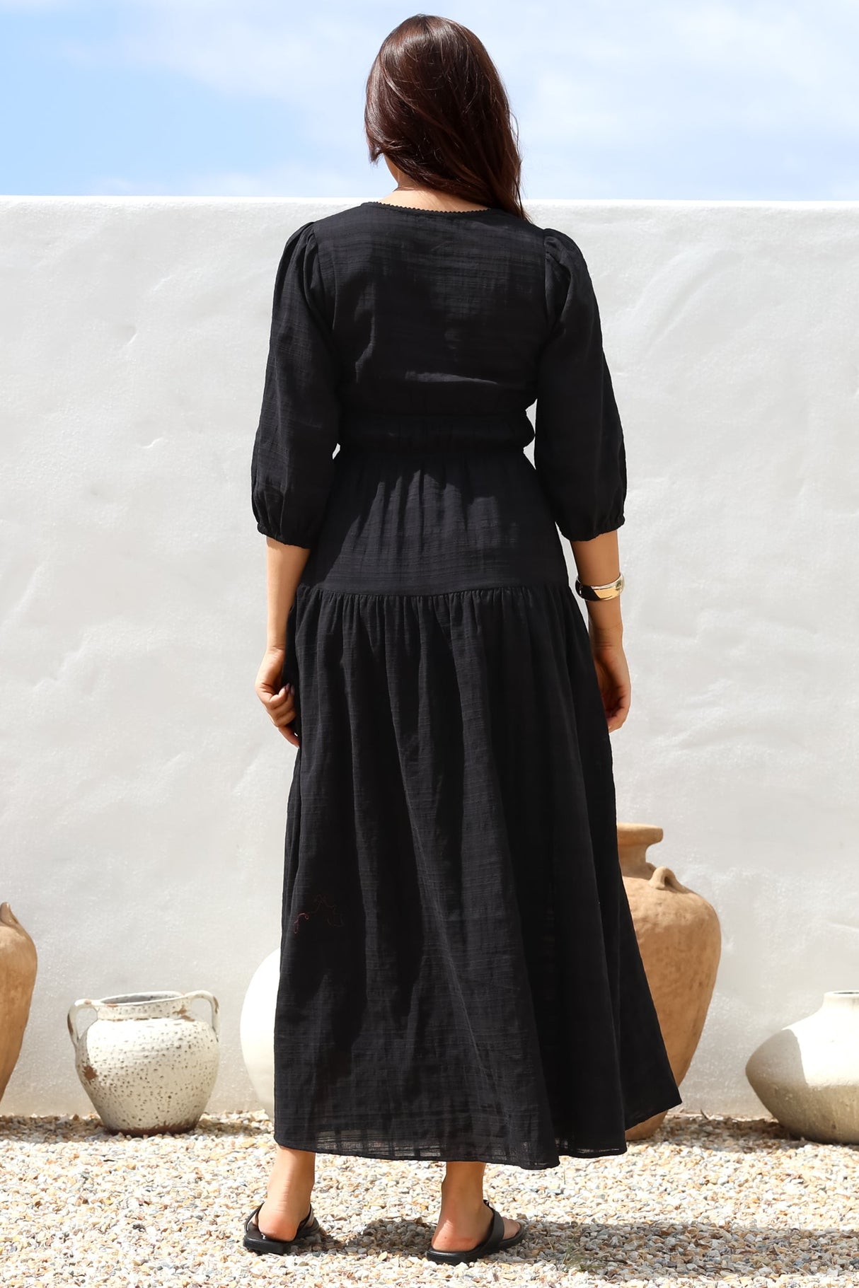 Elise Maxi Dress - Empire Waistline Dress with 3/4 Sleeves in Black