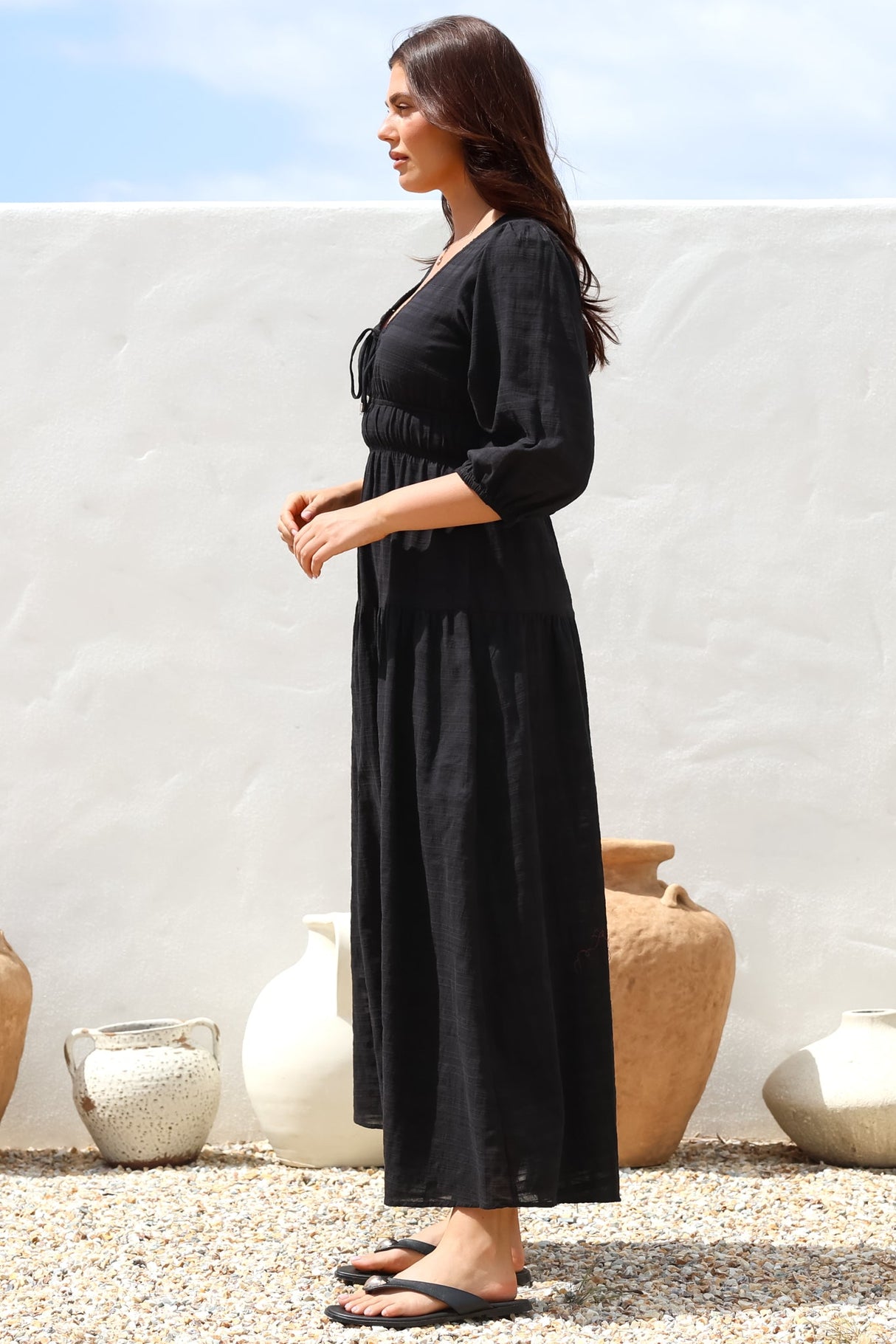 Elise Maxi Dress - Empire Waistline Dress with 3/4 Sleeves in Black