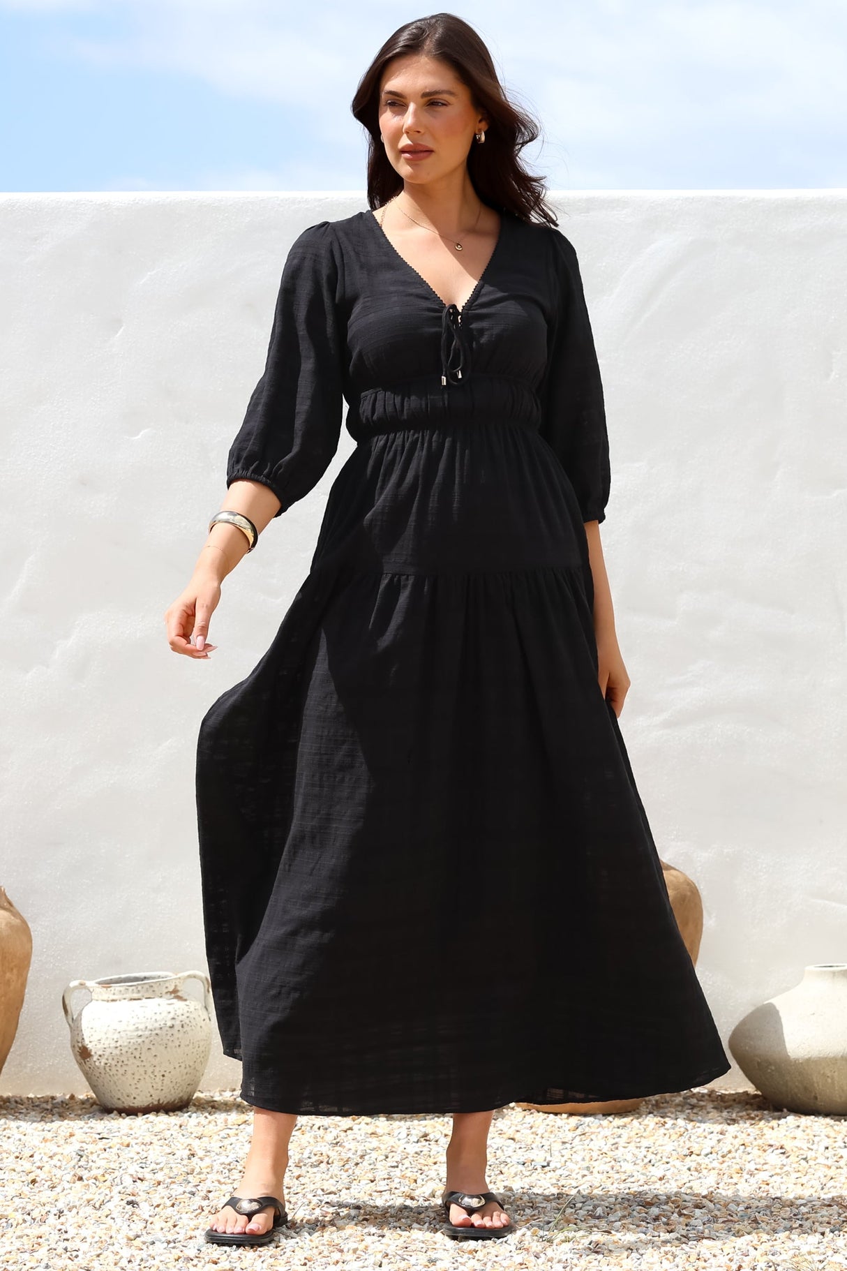 Elise Maxi Dress - Empire Waistline Dress with 3/4 Sleeves in Black