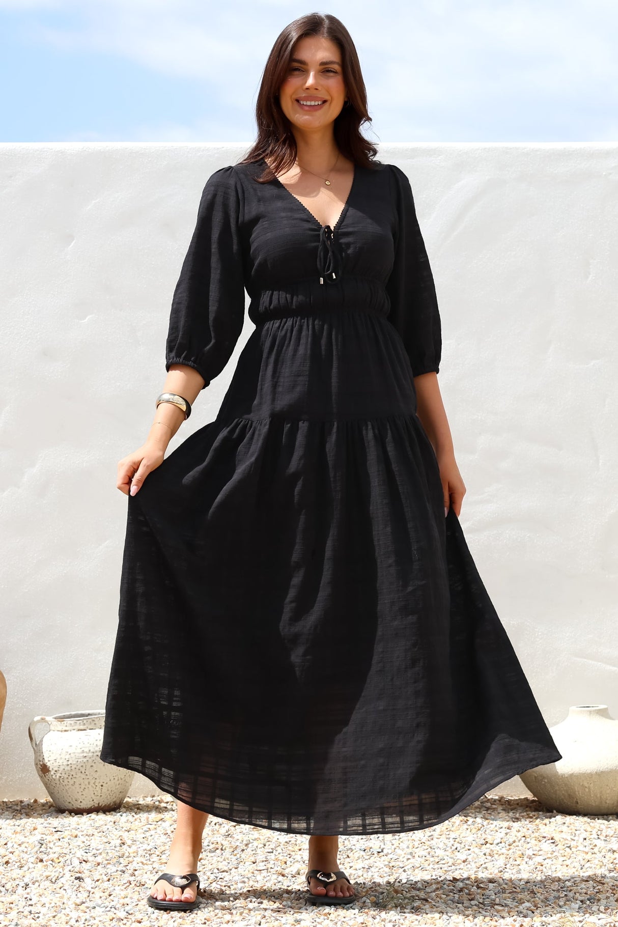 Elise Maxi Dress - Empire Waistline Dress with 3/4 Sleeves in Black