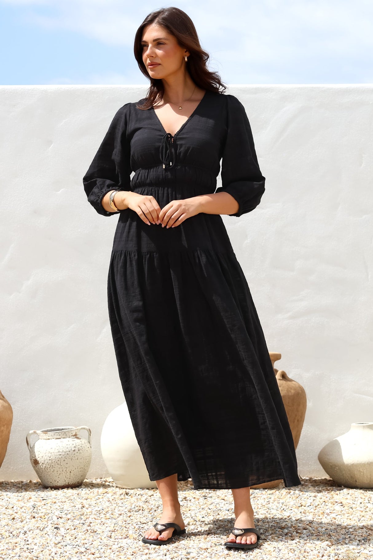 Elise Maxi Dress - Empire Waistline Dress with 3/4 Sleeves in Black