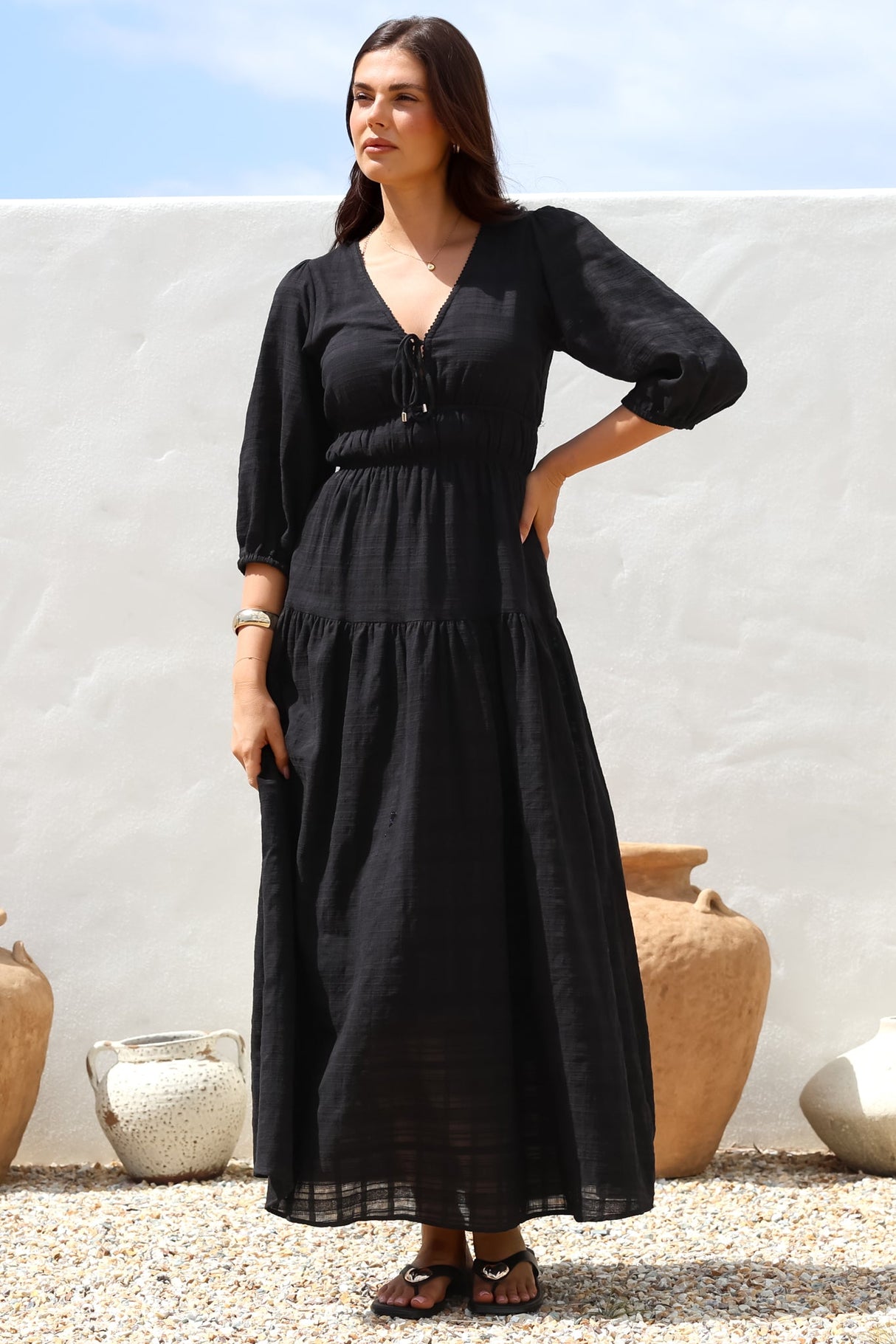 Elise Maxi Dress - Empire Waistline Dress with 3/4 Sleeves in Black