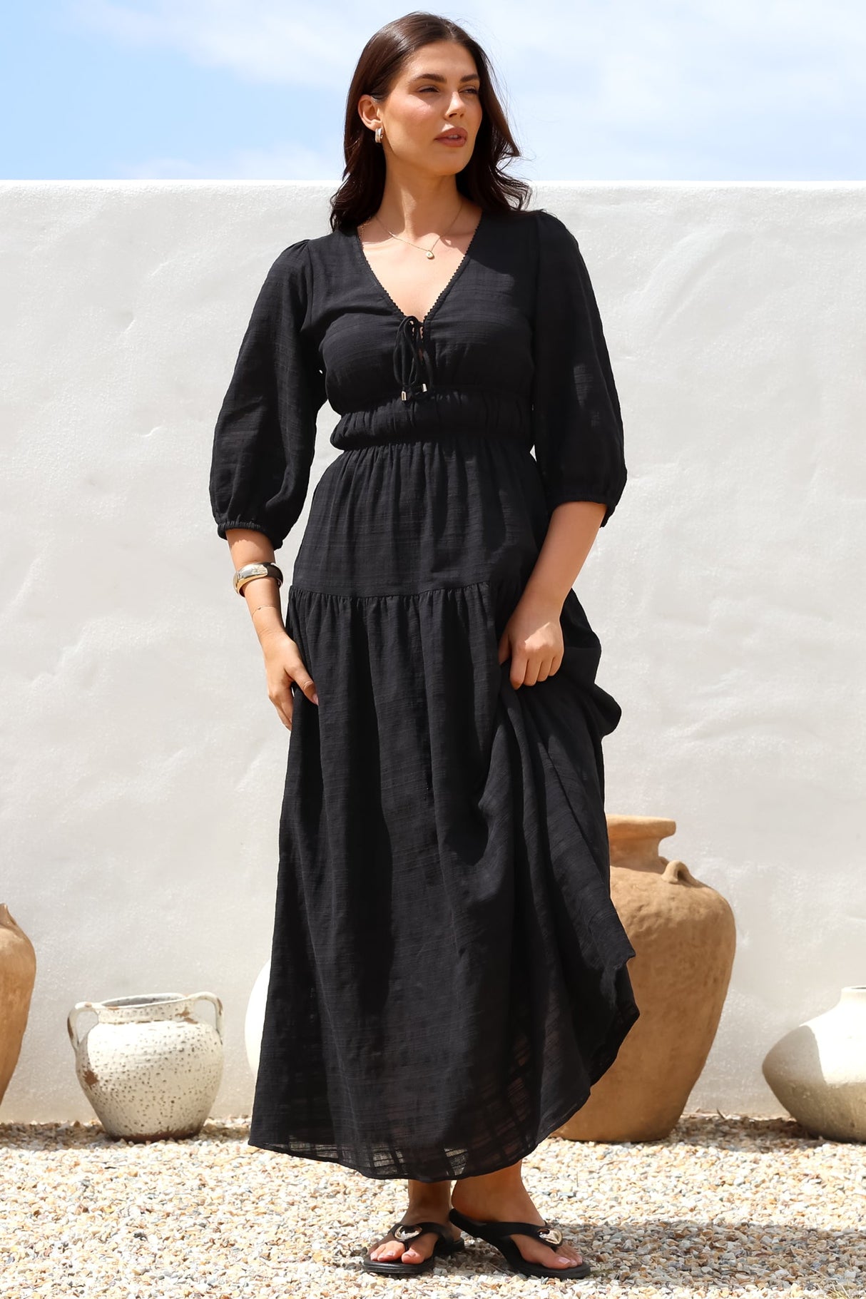 Elise Maxi Dress - Empire Waistline Dress with 3/4 Sleeves in Black