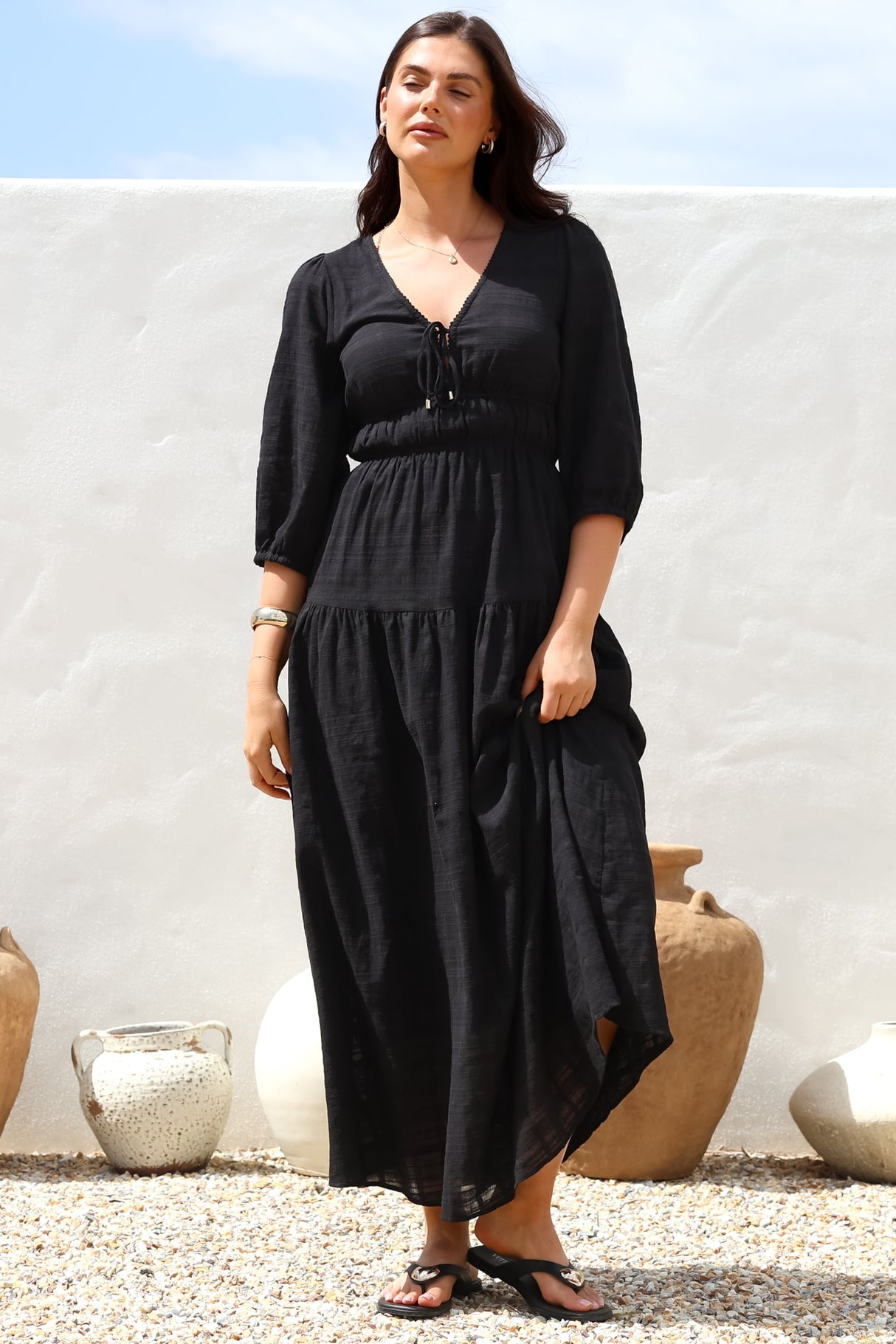 Elise Maxi Dress - Empire Waistline Dress with 3/4 Sleeves in Black