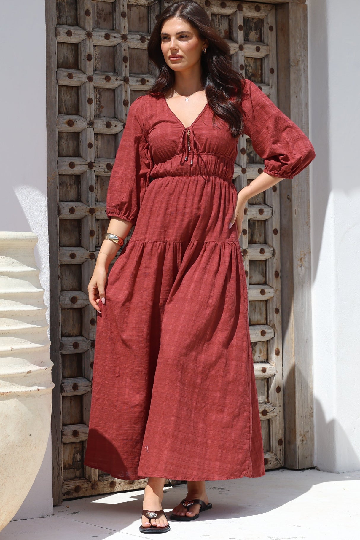 Elise Maxi Dress - Empire Waistline Dress with 3/4 Sleeves in Burgundy