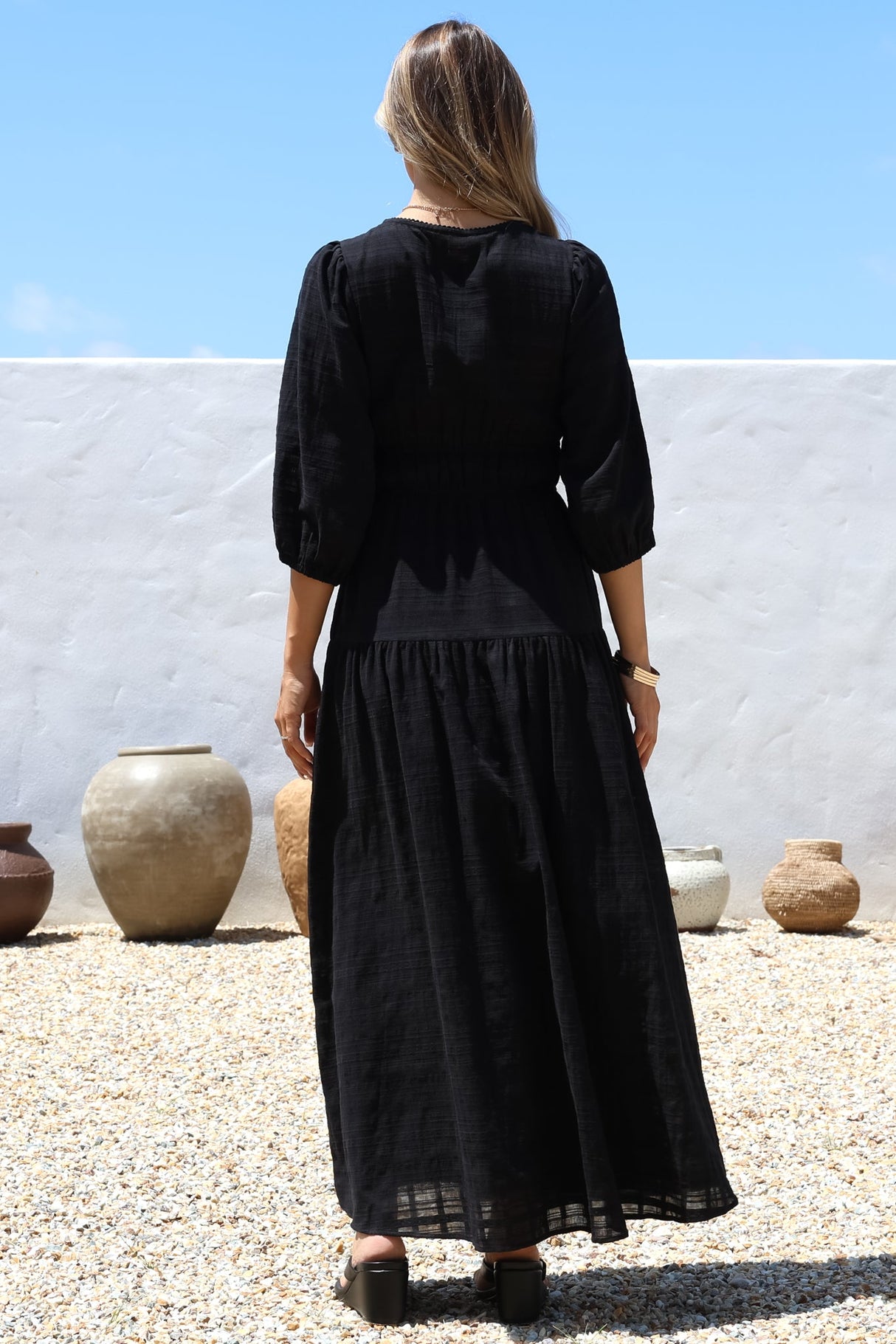 Elise Maxi Dress - Empire Waistline Dress with 3/4 Sleeves in Black