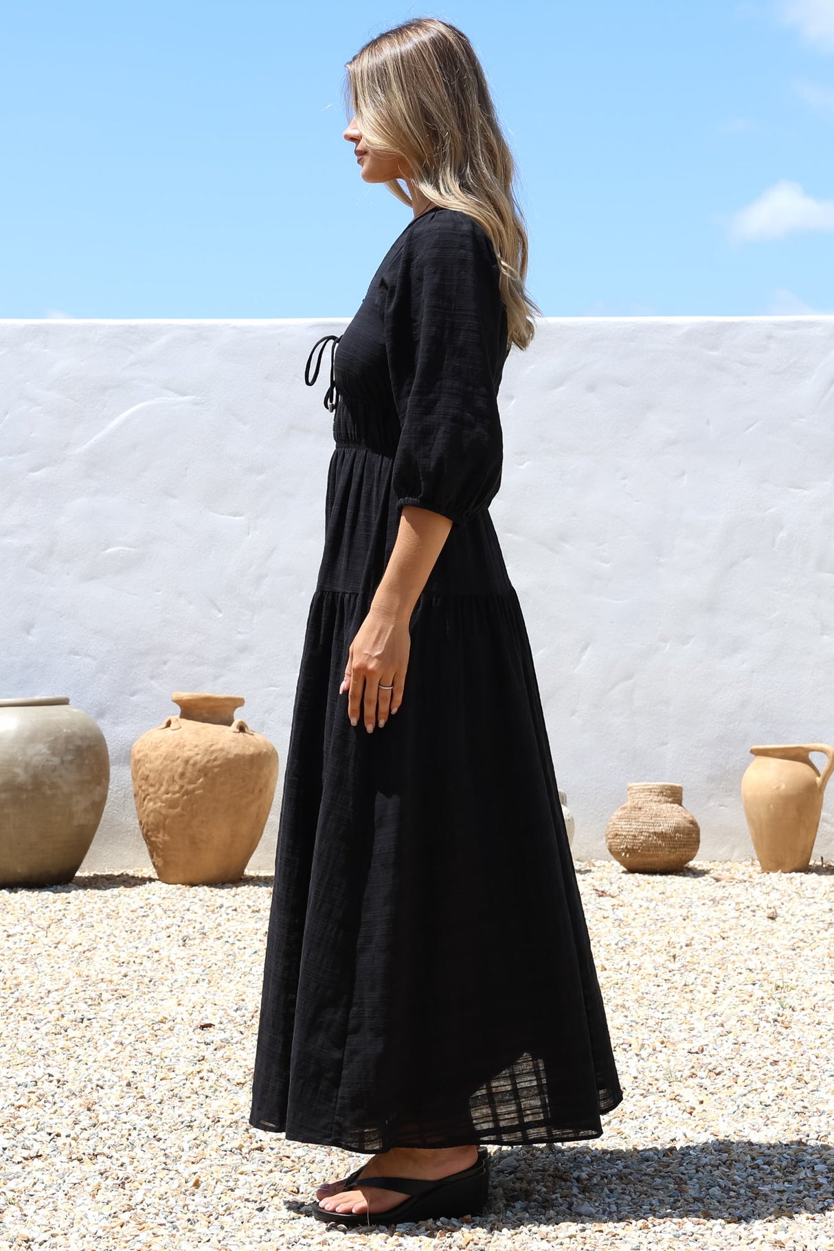 Elise Maxi Dress - Empire Waistline Dress with 3/4 Sleeves in Black